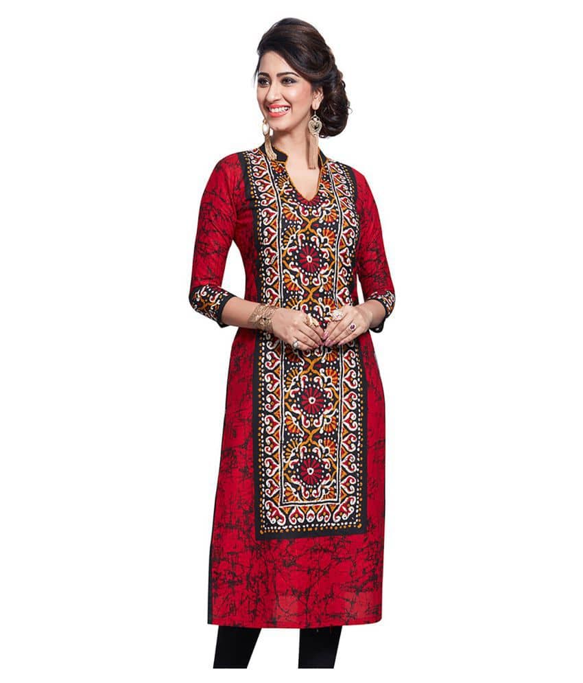 Jevi Prints Red Cotton Straight Kurti - Kurtis, Tunics | Buy online on ZillyBuy