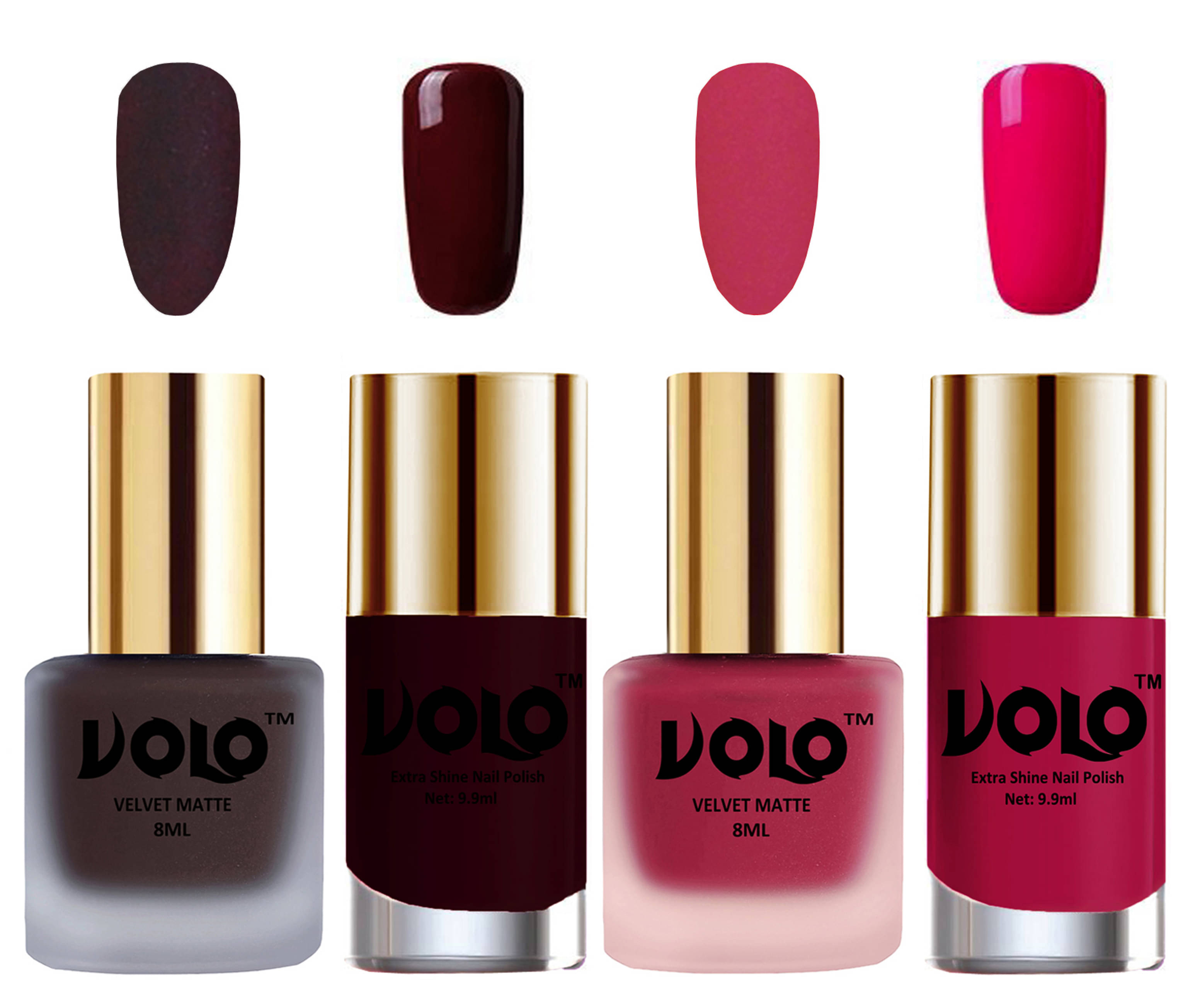     			VOLO Extra Shine AND Dull Velvet Matte Nail Polish Coffee,Pink,Maroon, Magenta Glossy Pack of 4 36 mL