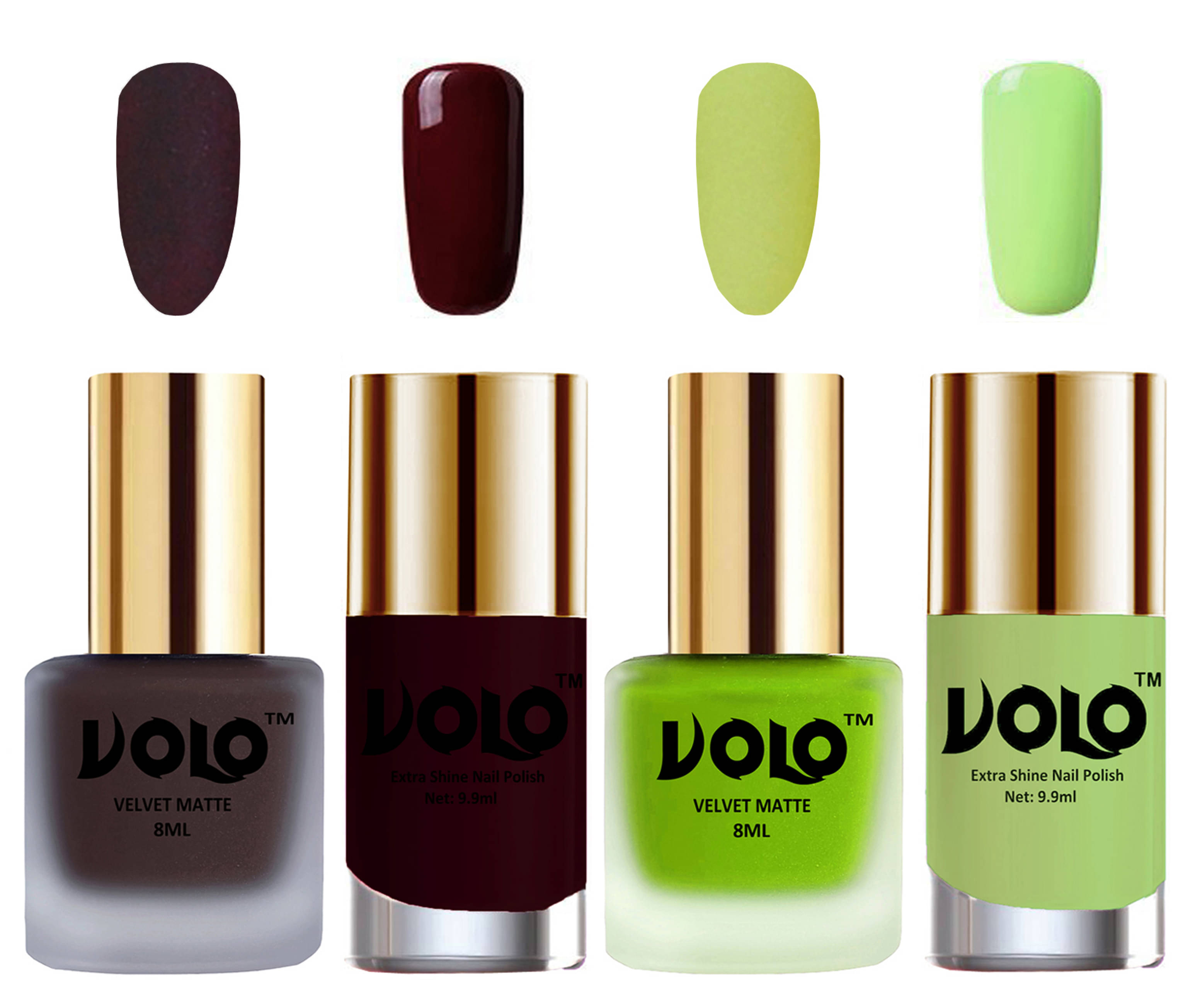 VOLO Extra Shine AND Dull Velvet Matte Nail Polish Coffee,Green,Maroon, Green Glossy Pack of 4 36 mL VOLO Extra Shine AND Dull Velvet Matte Nail Polish Coffee,Green,Maroon, Green Glossy Pack of 4 36 mL