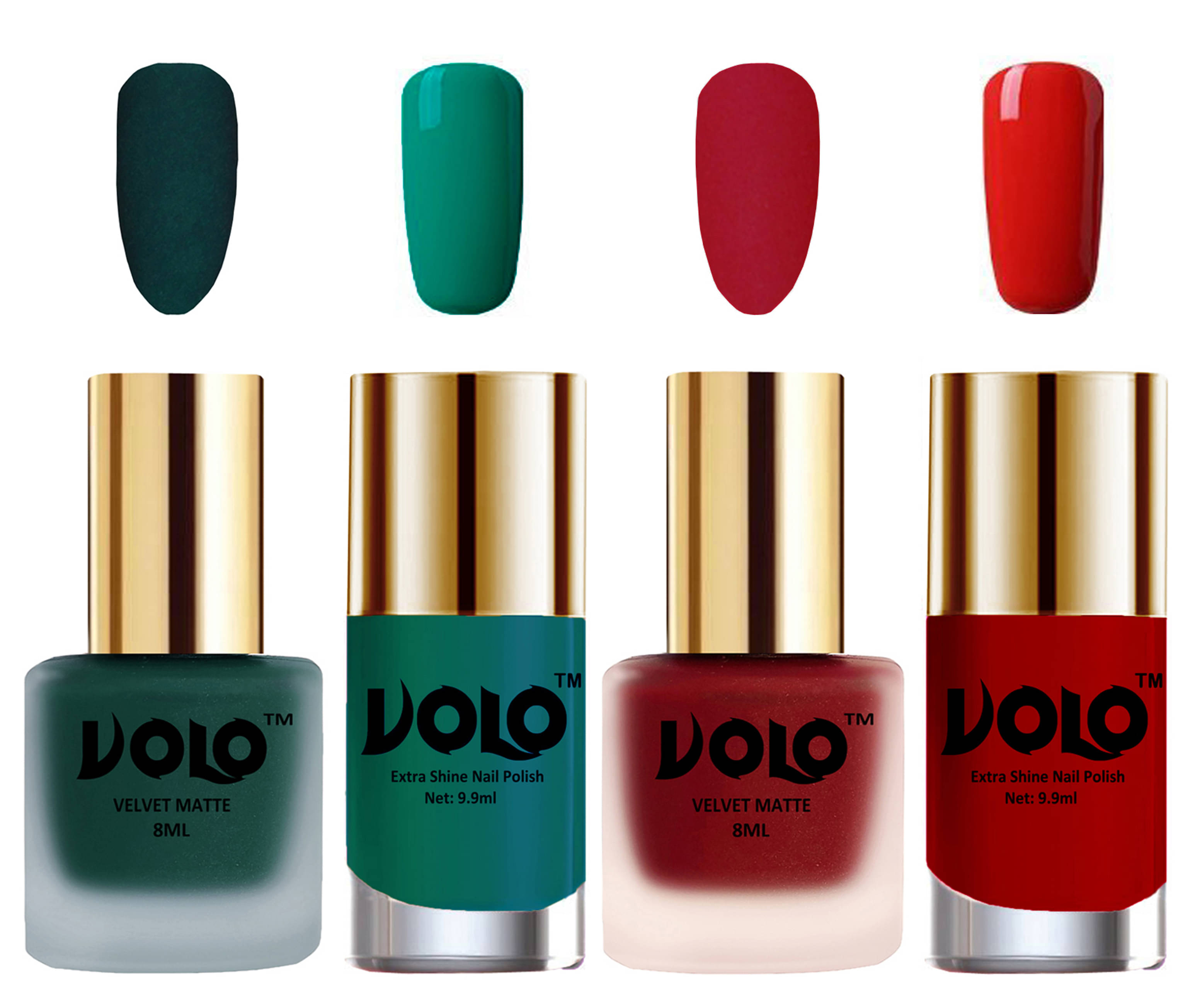 VOLO Extra Shine AND Dull Velvet Matte Nail Polish Green,Red,Green, Orange Glossy Pack of 4 36 mL     			VOLO Extra Shine AND Dull Velvet Matte Nail Polish Green,Red,Green, Orange Glossy Pack of 4 36 mL