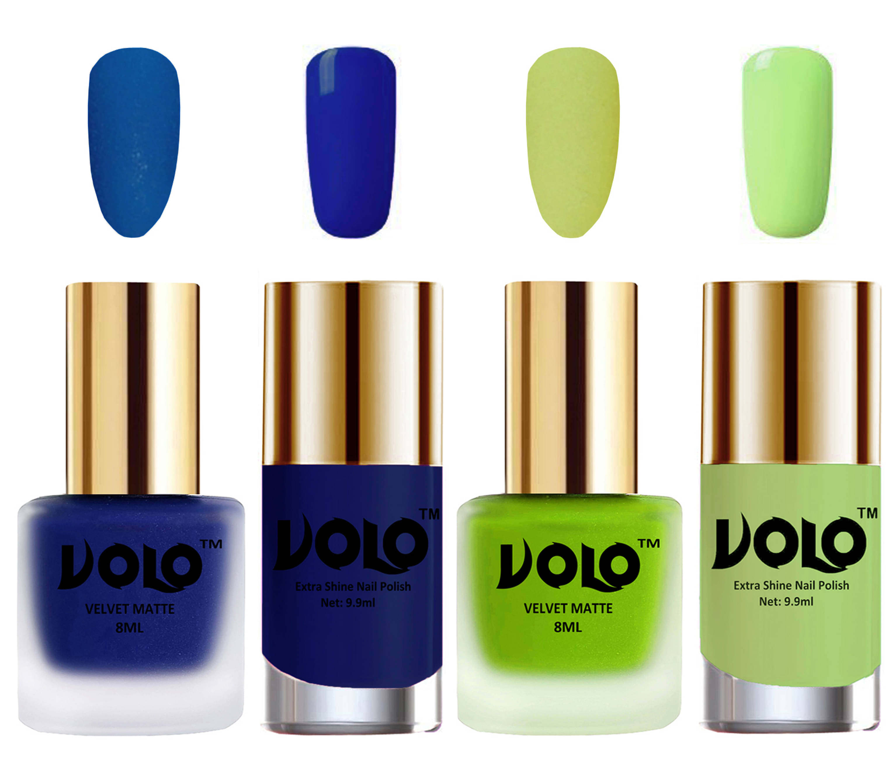     			VOLO Extra Shine AND Dull Velvet Matte Nail Polish Blue,Green,Blue, Green Glossy Pack of 4 36 mL