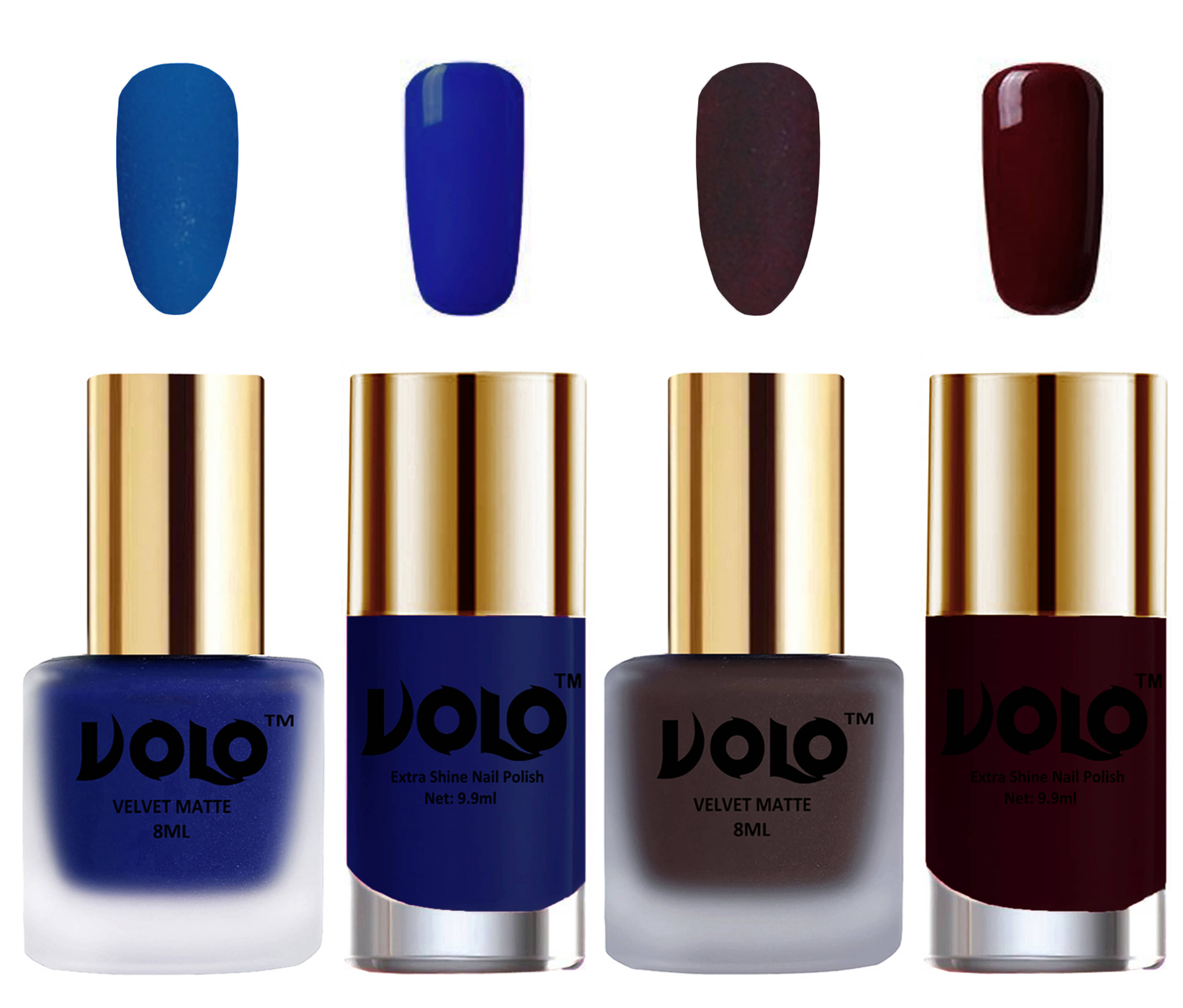 VOLO Extra Shine AND Dull Velvet Matte Nail Polish Blue,Coffee,Blue, Maroon Glossy Pack of 4 36 mL VOLO Extra Shine AND Dull Velvet Matte Nail Polish Blue,Coffee,Blue, Maroon Glossy Pack of 4 36 mL