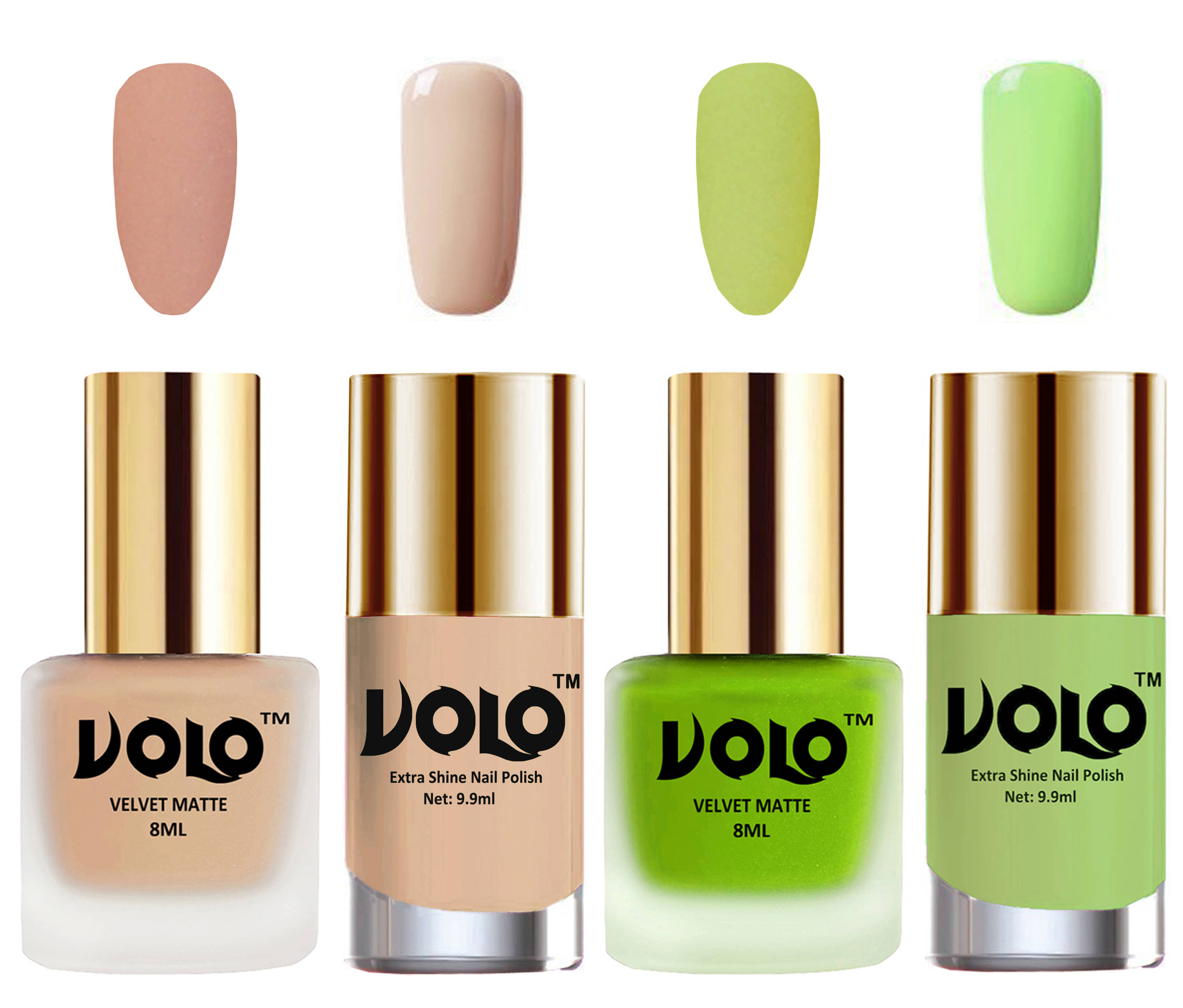 VOLO Extra Shine AND Dull Velvet Matte Nail Polish Nude,Green,Nude, Green Glossy Pack of 4 36 mL VOLO Extra Shine AND Dull Velvet Matte Nail Polish Nude,Green,Nude, Green Glossy Pack of 4 36 mL