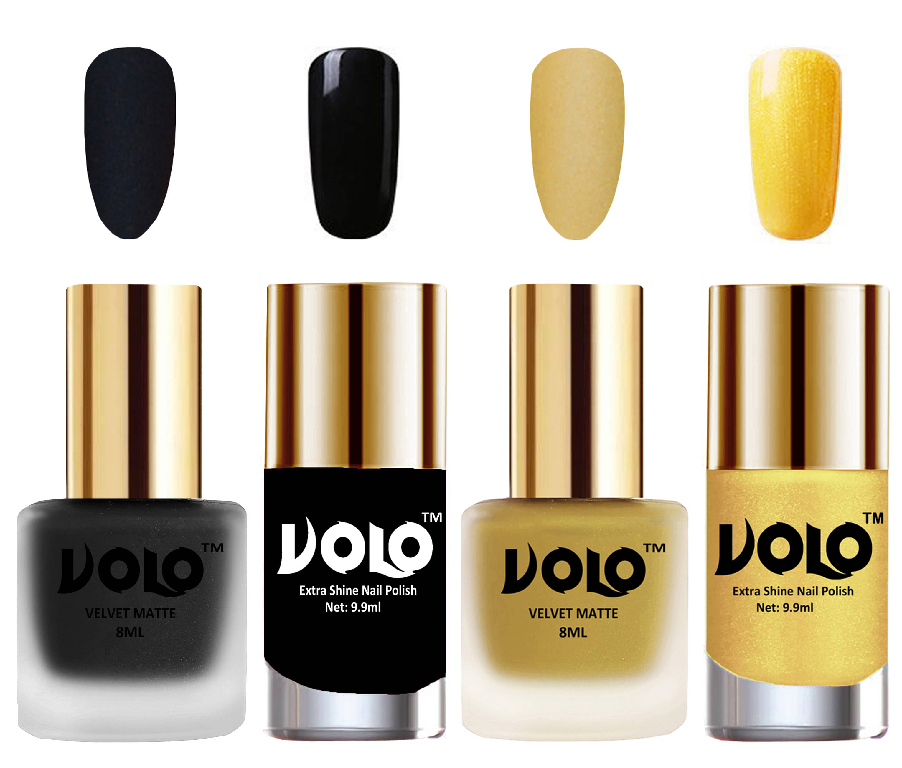VOLO Extra Shine AND Dull Velvet Matte Nail Polish Black,Gold,Black, Gold Glossy Pack of 4 36 mL     			VOLO Extra Shine AND Dull Velvet Matte Nail Polish Black,Gold,Black, Gold Glossy Pack of 4 36 mL