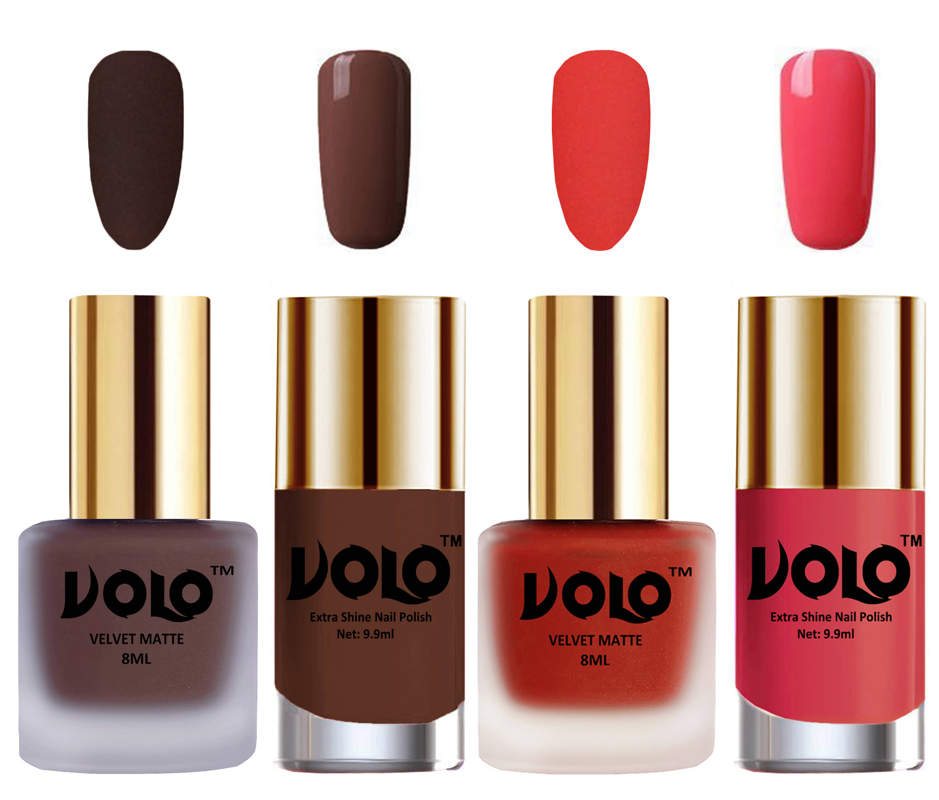     			VOLO Extra Shine AND Dull Velvet Matte Nail Polish Brown,Coral,Brown, Pink Matte Pack of 4 36 mL
