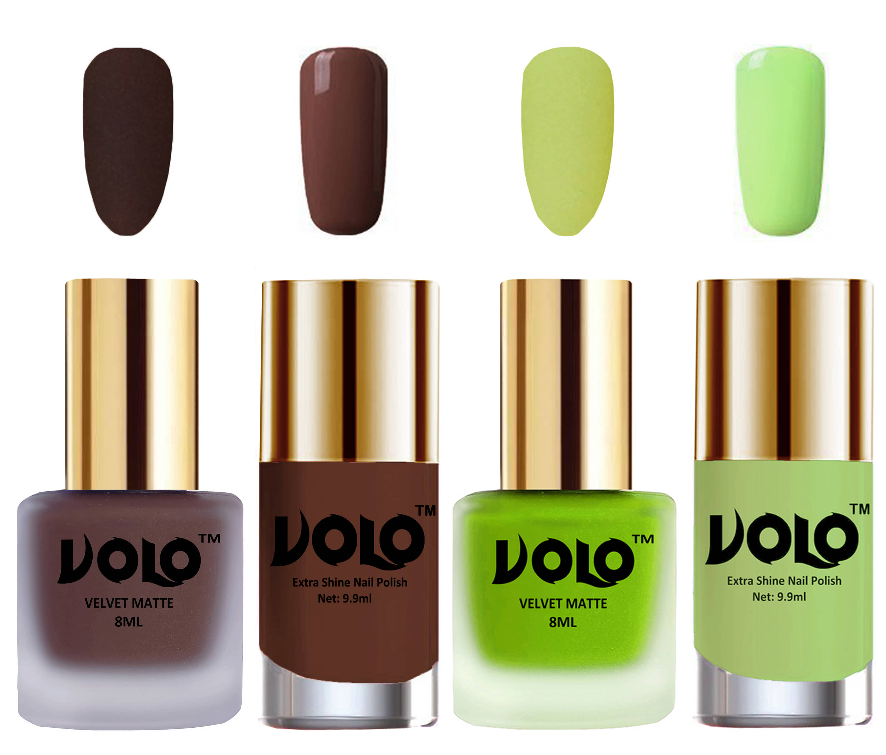 VOLO Extra Shine AND Dull Velvet Matte Nail Polish Brown,Green,Brown, Green Glossy Pack of 4 36 mL VOLO Extra Shine AND Dull Velvet Matte Nail Polish Brown,Green,Brown, Green Glossy Pack of 4 36 mL