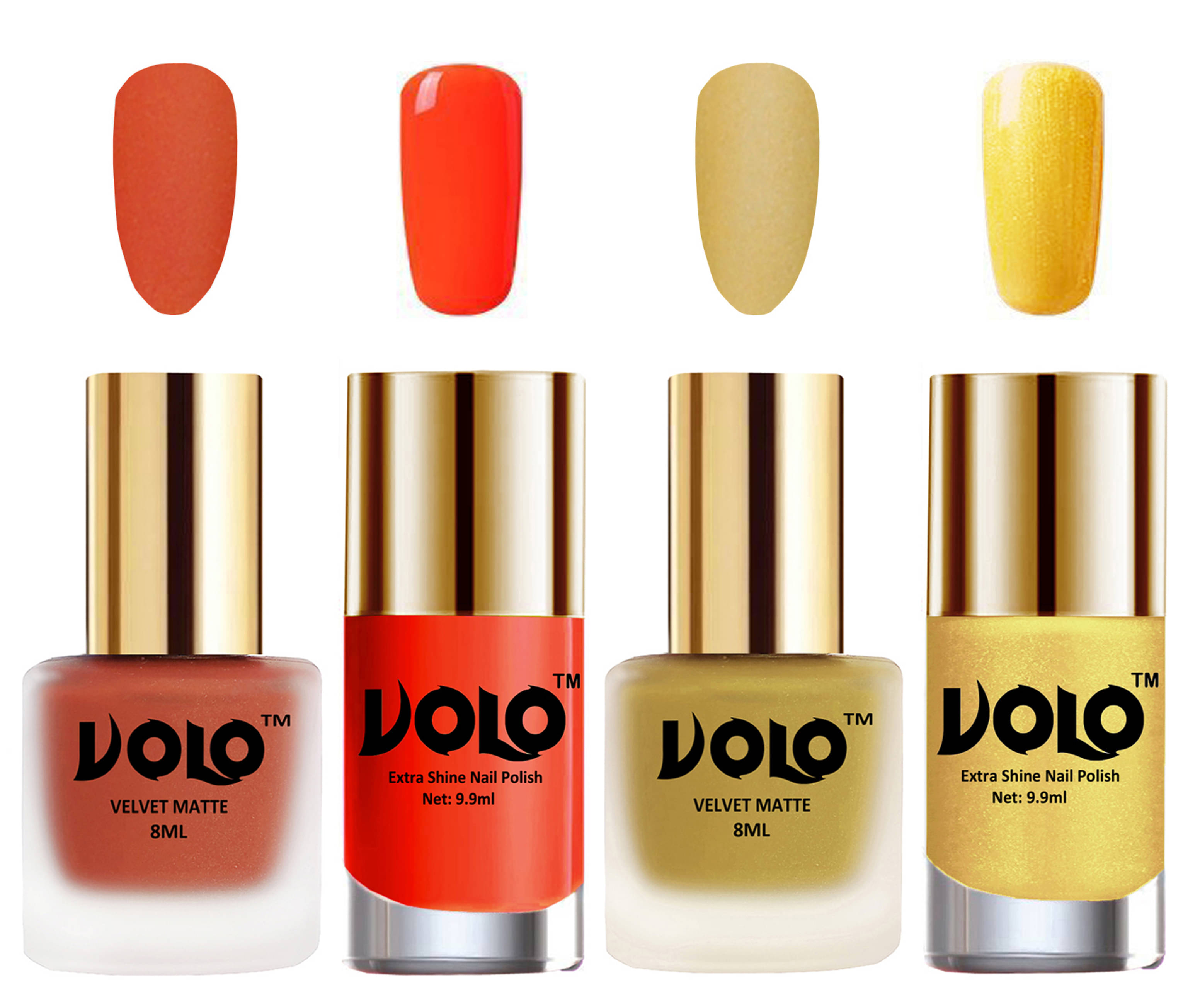     			VOLO Extra Shine AND Dull Velvet Matte Nail Polish Orange,Gold,Coral, Gold Matte Pack of 4 36 mL