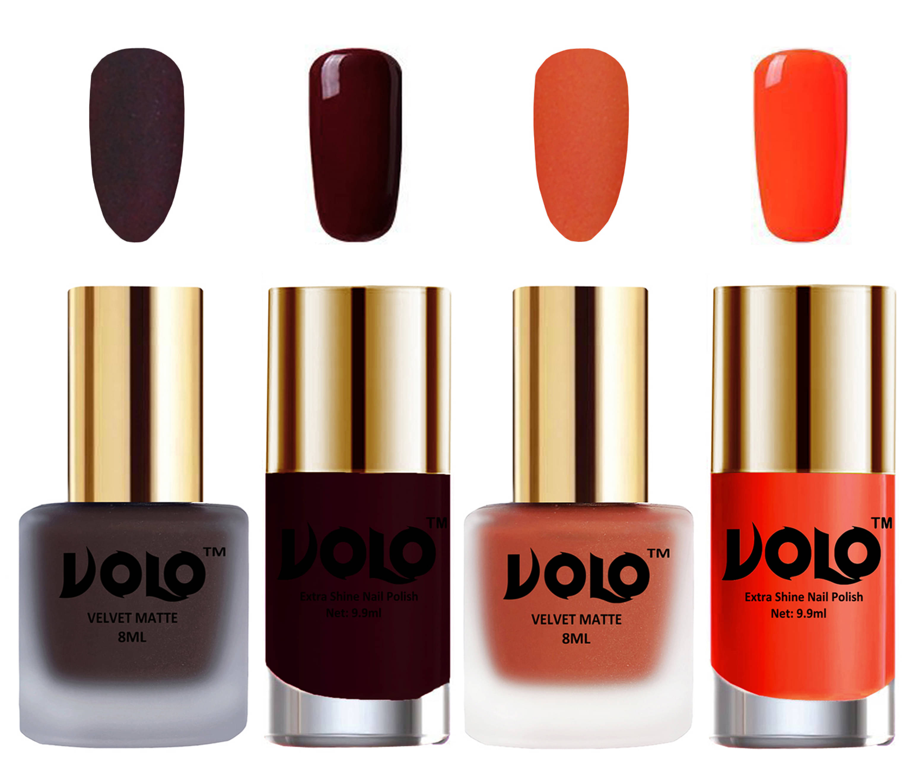 VOLO Extra Shine AND Dull Velvet Matte Nail Polish Coffee,Orange,Maroon Coral Matte Pack of 4 36 mL VOLO Extra Shine AND Dull Velvet Matte Nail Polish Coffee,Orange,Maroon Coral Matte Pack of 4 36 mL