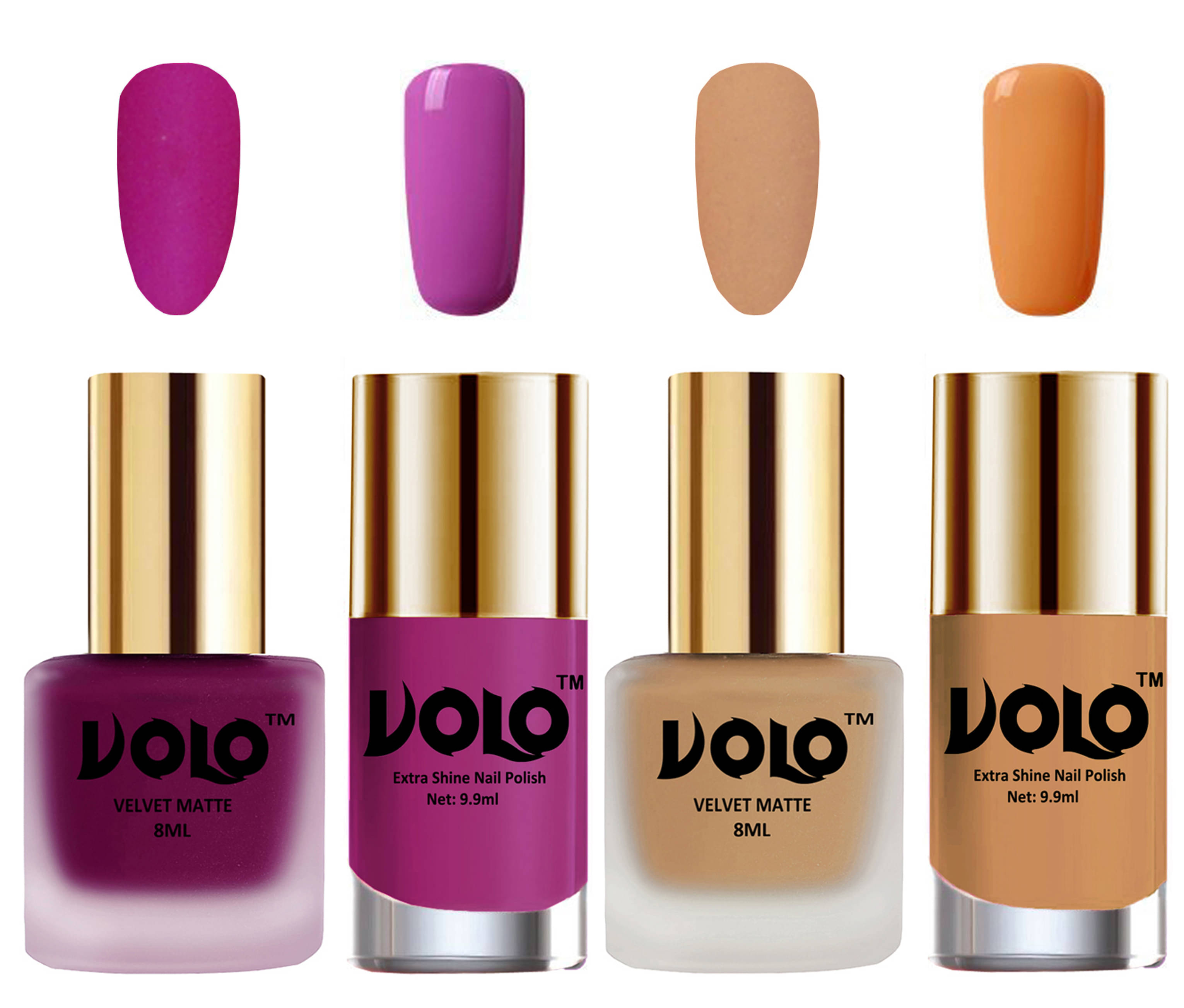 VOLO Extra Shine AND Dull Velvet Matte Nail Polish Magenta,Nude,Pink, Nude Glossy Pack of 4 36 mL VOLO Extra Shine AND Dull Velvet Matte Nail Polish Magenta,Nude,Pink, Nude Glossy Pack of 4 36 mL