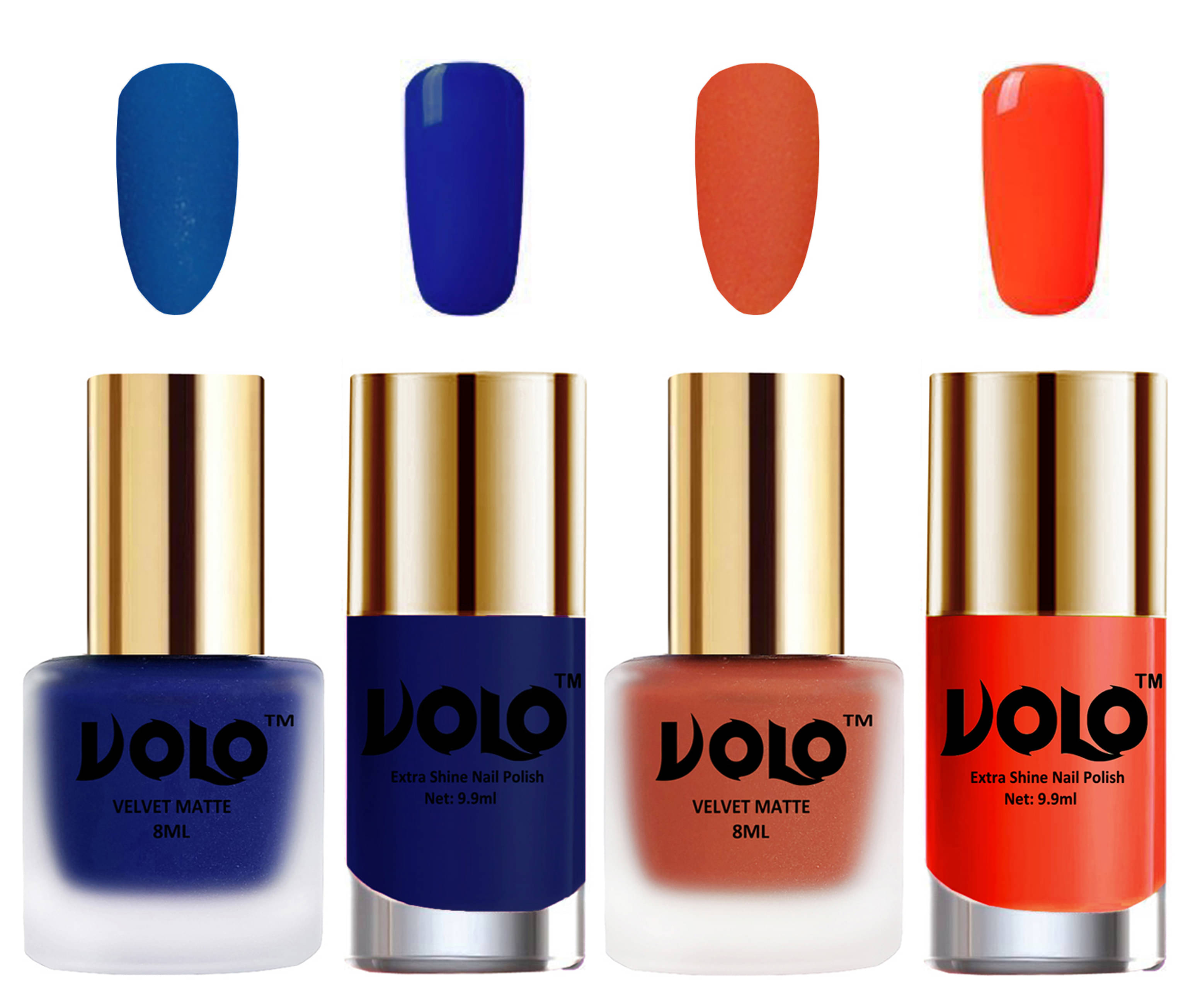 VOLO Extra Shine AND Dull Velvet Matte Nail Polish Blue,Orange,Blue, Coral Matte Pack of 4 36 mL     			VOLO Extra Shine AND Dull Velvet Matte Nail Polish Blue,Orange,Blue, Coral Matte Pack of 4 36 mL