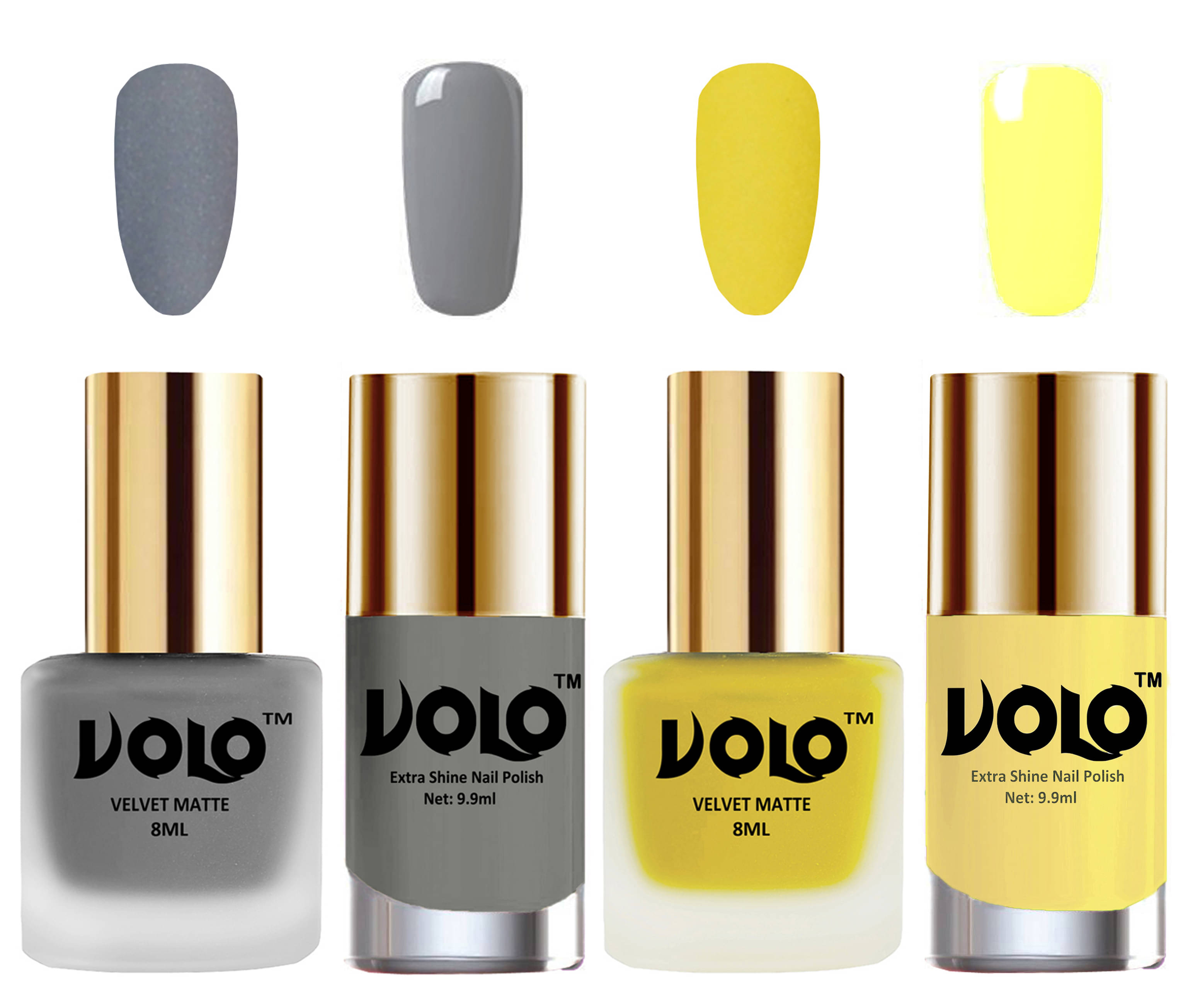 VOLO Extra Shine AND Dull Velvet Matte Nail Polish Grey,Yellow,Grey, Yellow Matte Pack of 4 36 mL VOLO Extra Shine AND Dull Velvet Matte Nail Polish Grey,Yellow,Grey, Yellow Matte Pack of 4 36 mL