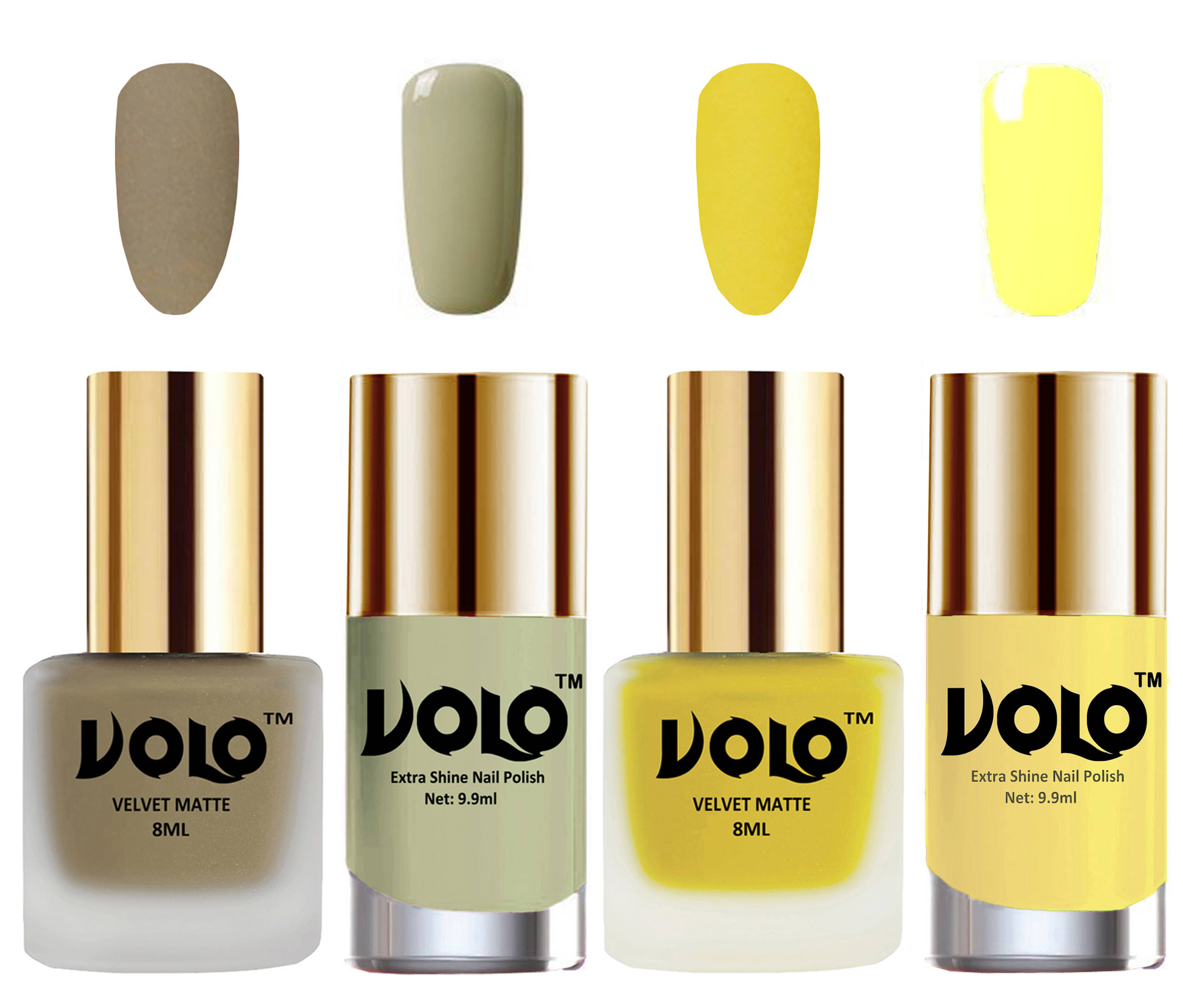     			VOLO Extra Shine AND Dull Velvet Matte Nail Polish Nude,Yellow,Grey, Yellow Glossy Pack of 4 36 mL