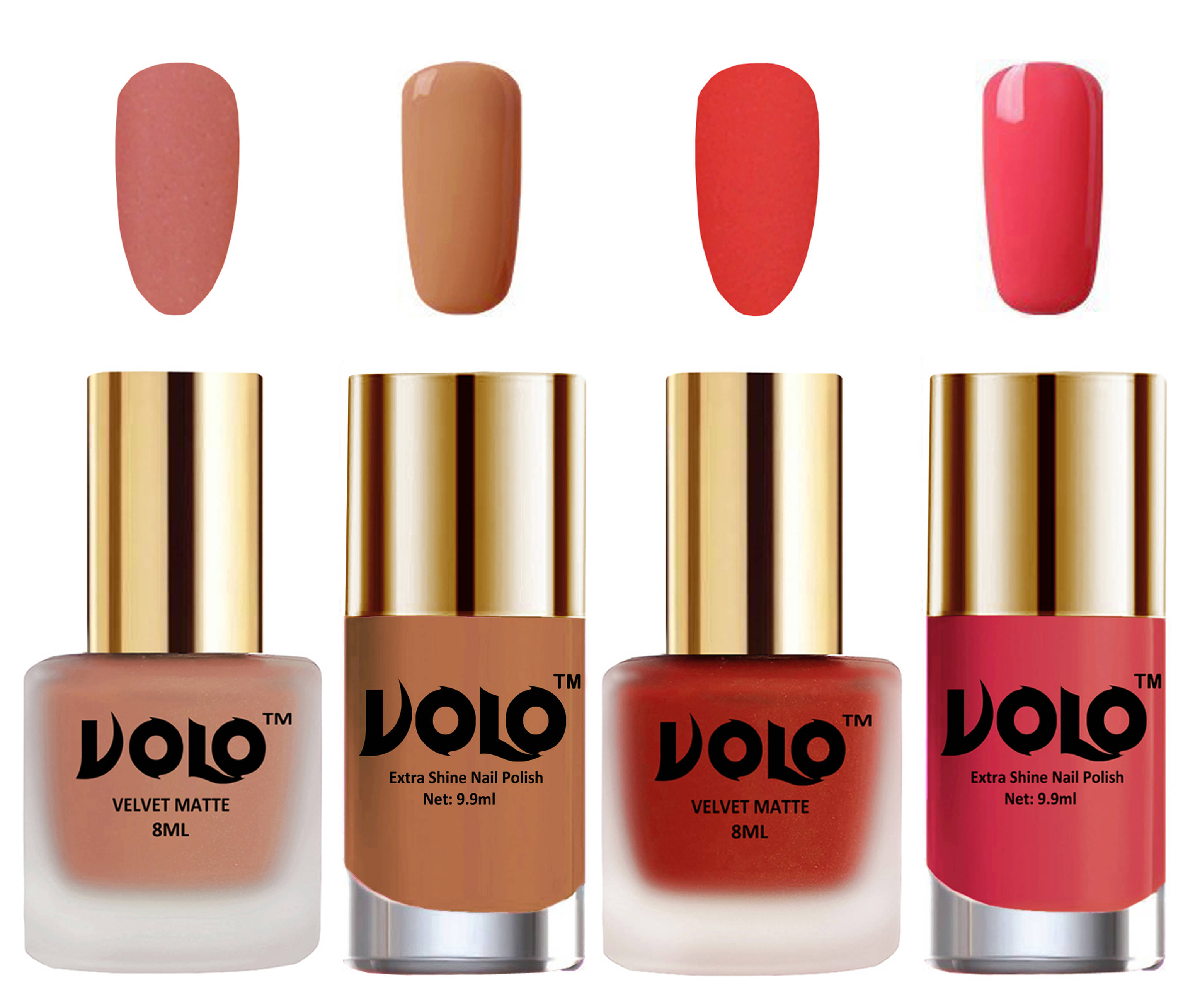     			VOLO Extra Shine AND Dull Velvet Matte Nail Polish Peach,Coral,Nude, Pink Matte Pack of 4 36 mL
