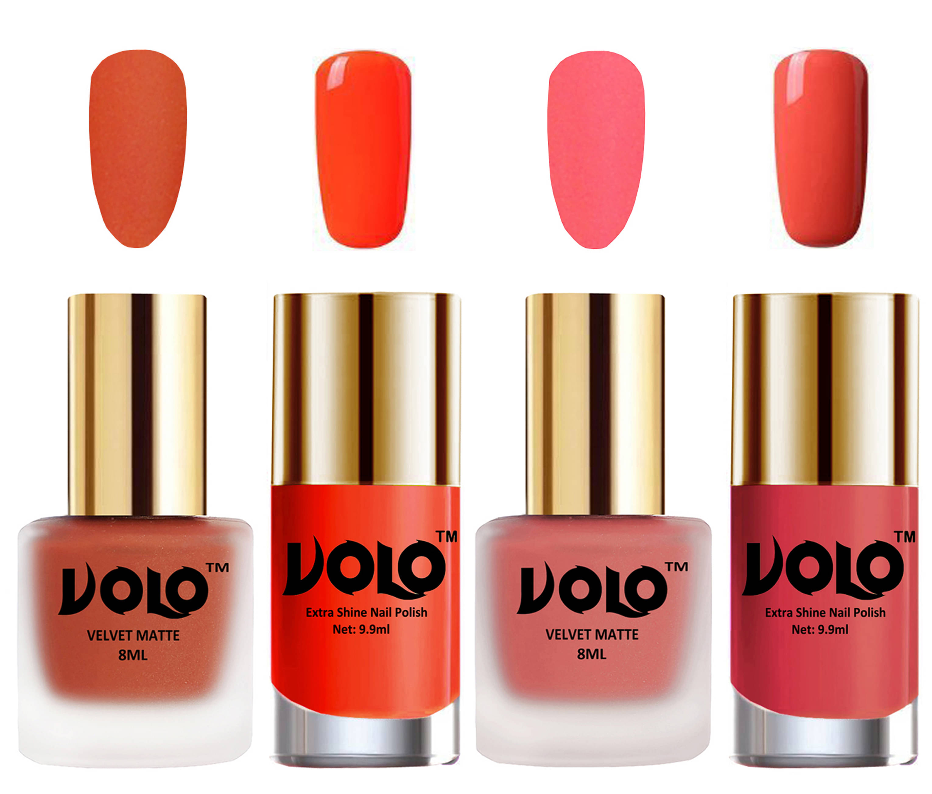VOLO Extra Shine AND Dull Velvet Matte Nail Polish Orange,Peach,Coral, Coral Matte Pack of 4 36 mL VOLO Extra Shine AND Dull Velvet Matte Nail Polish Orange,Peach,Coral, Coral Matte Pack of 4 36 mL