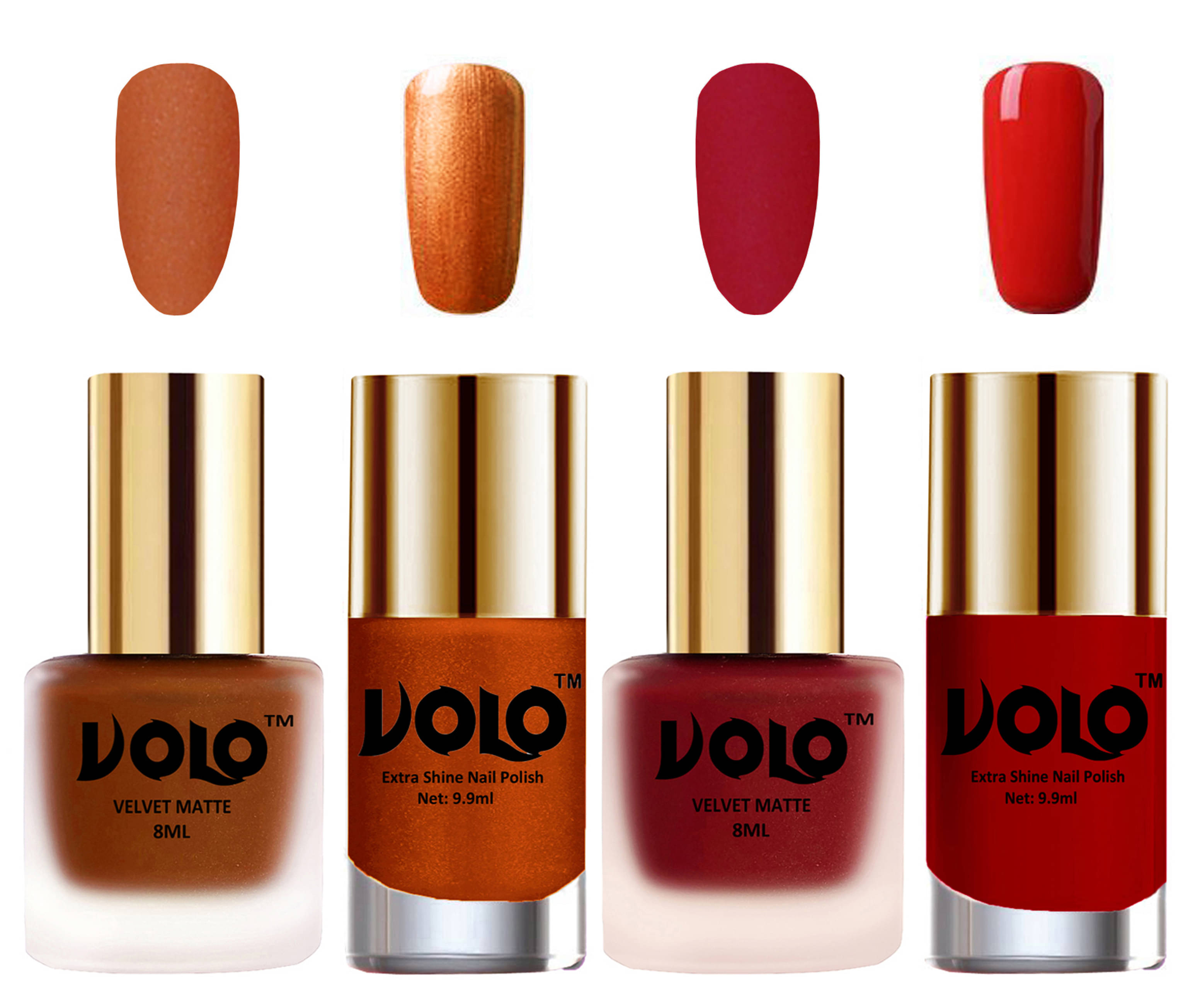     			VOLO Extra Shine AND Dull Velvet Matte Nail Polish Coral,Red,Gold, Orange Matte Pack of 4 36 mL