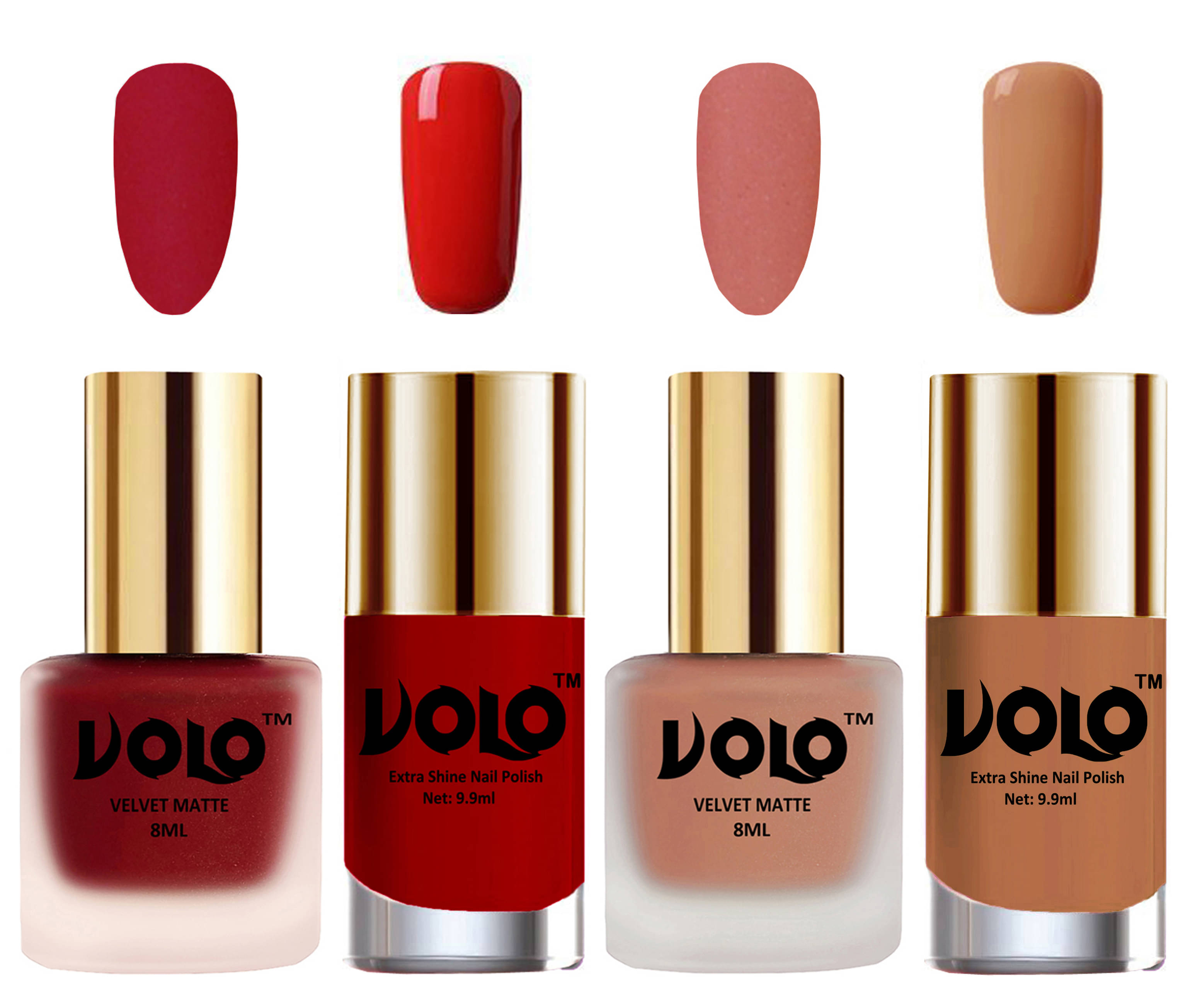 VOLO Extra Shine AND Dull Velvet Matte Nail Polish Red,Peach,Orange, Nude Glossy Pack of 4 36 mL VOLO Extra Shine AND Dull Velvet Matte Nail Polish Red,Peach,Orange, Nude Glossy Pack of 4 36 mL