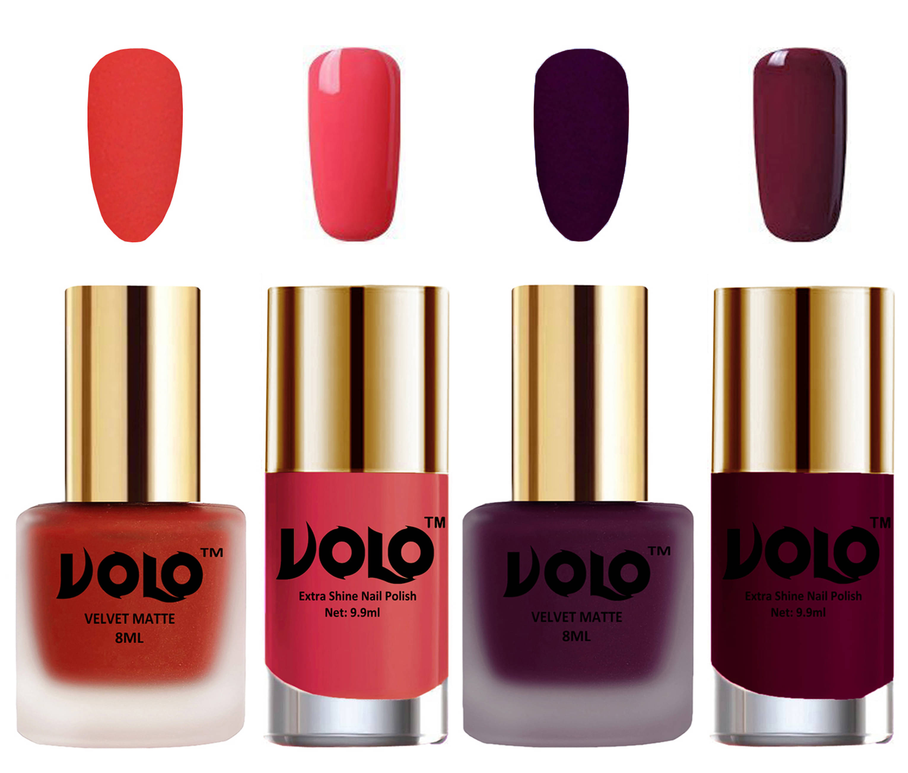     			VOLO Extra Shine AND Dull Velvet Matte Nail Polish Coral,Wine,Pink, Wine Matte Pack of 4 36 mL