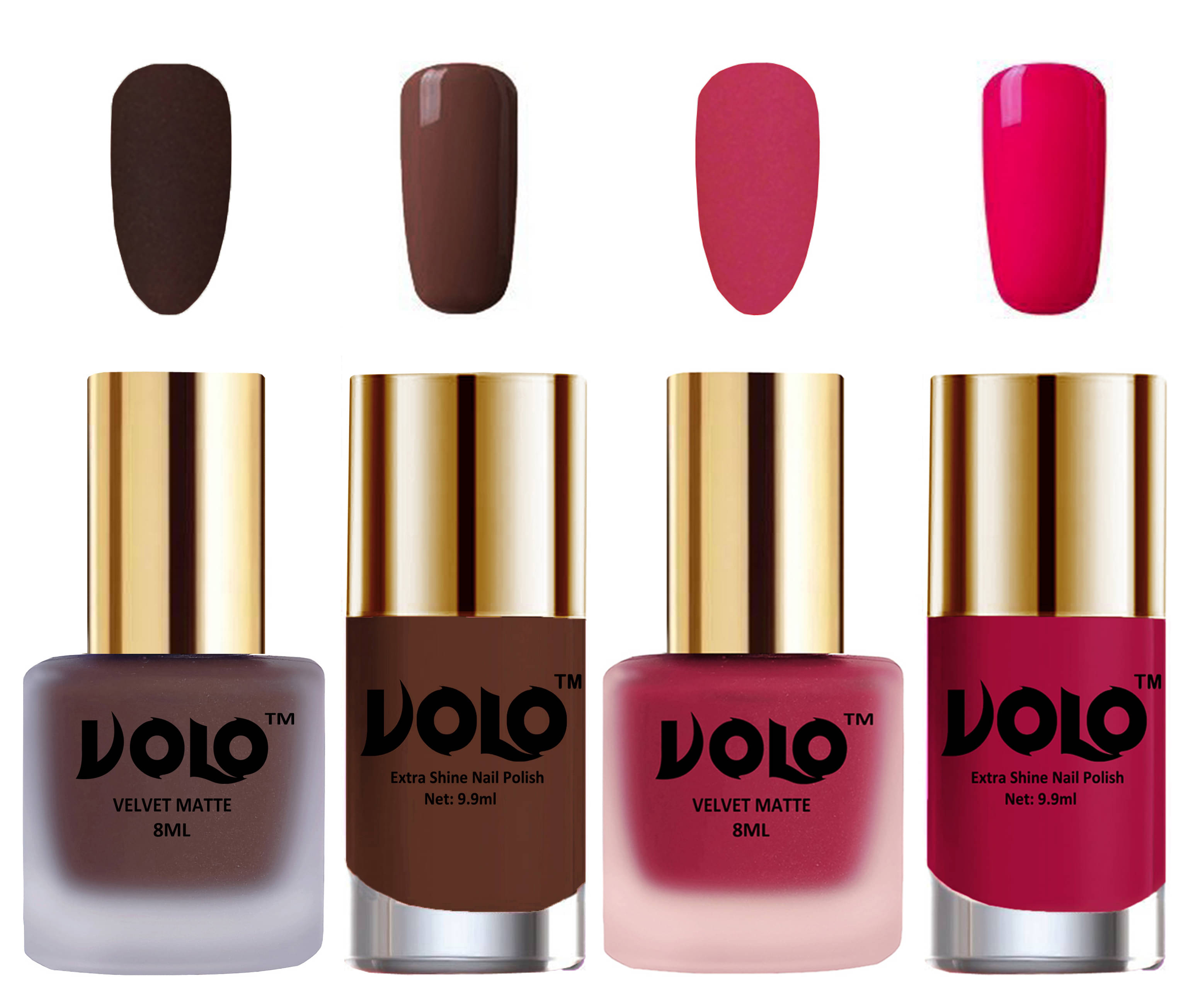 VOLO Extra Shine AND Dull Velvet Matte Nail Polish Brown,Pink,Brown, Magenta Glossy Pack of 4 36 mL VOLO Extra Shine AND Dull Velvet Matte Nail Polish Brown,Pink,Brown, Magenta Glossy Pack of 4 36 mL