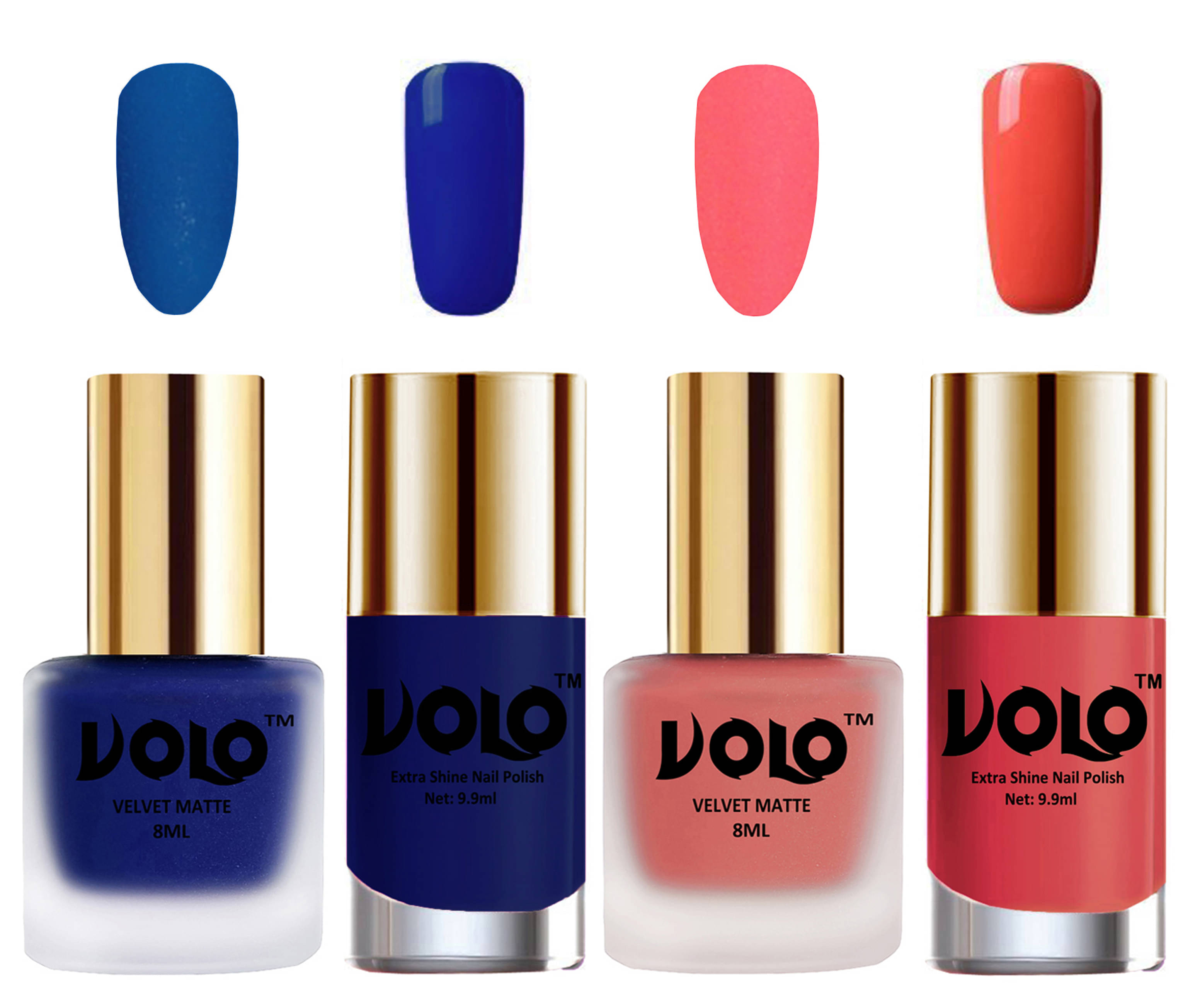 VOLO Extra Shine AND Dull Velvet Matte Nail Polish Blue,Peach,Blue, Coral Glossy Pack of 4 36 mL VOLO Extra Shine AND Dull Velvet Matte Nail Polish Blue,Peach,Blue, Coral Glossy Pack of 4 36 mL