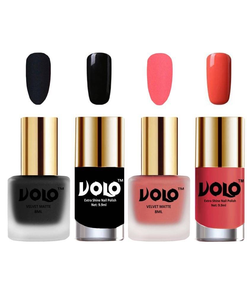 VOLO Extra Shine AND Dull Velvet Matte Nail Polish Black,Peach,Black, Coral Glossy Pack of 4 36 mL     			VOLO Extra Shine AND Dull Velvet Matte Nail Polish Black,Peach,Black, Coral Glossy Pack of 4 36 mL