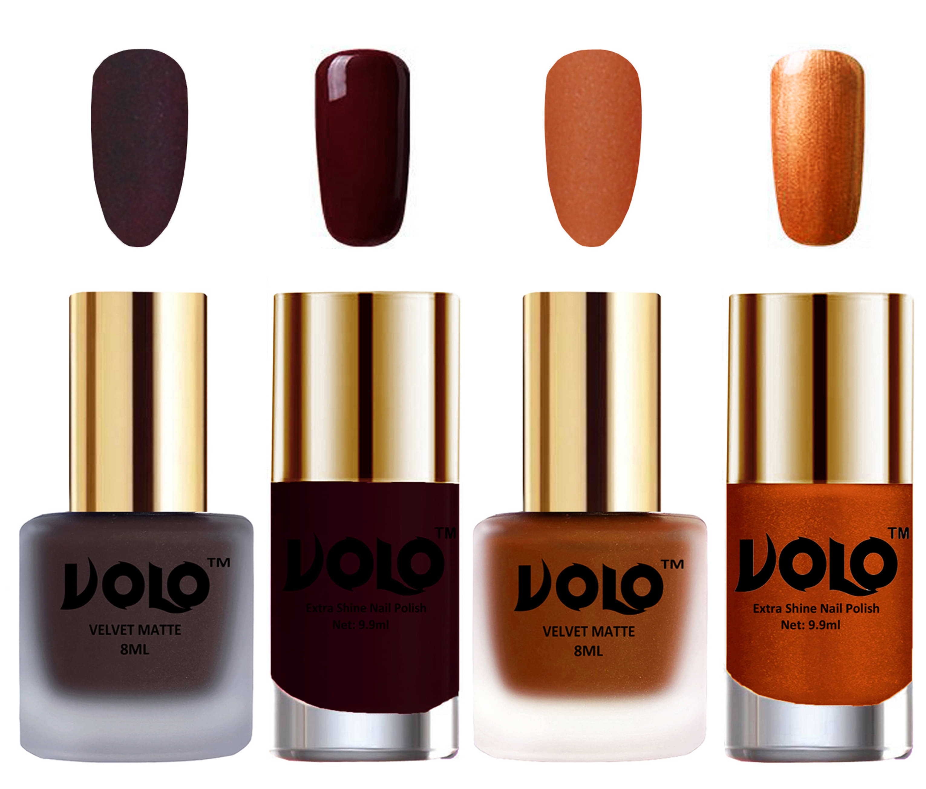     			VOLO Extra Shine AND Dull Velvet Matte Nail Polish Coffee,Coral,Maroon, Gold Glossy Pack of 4 36 mL