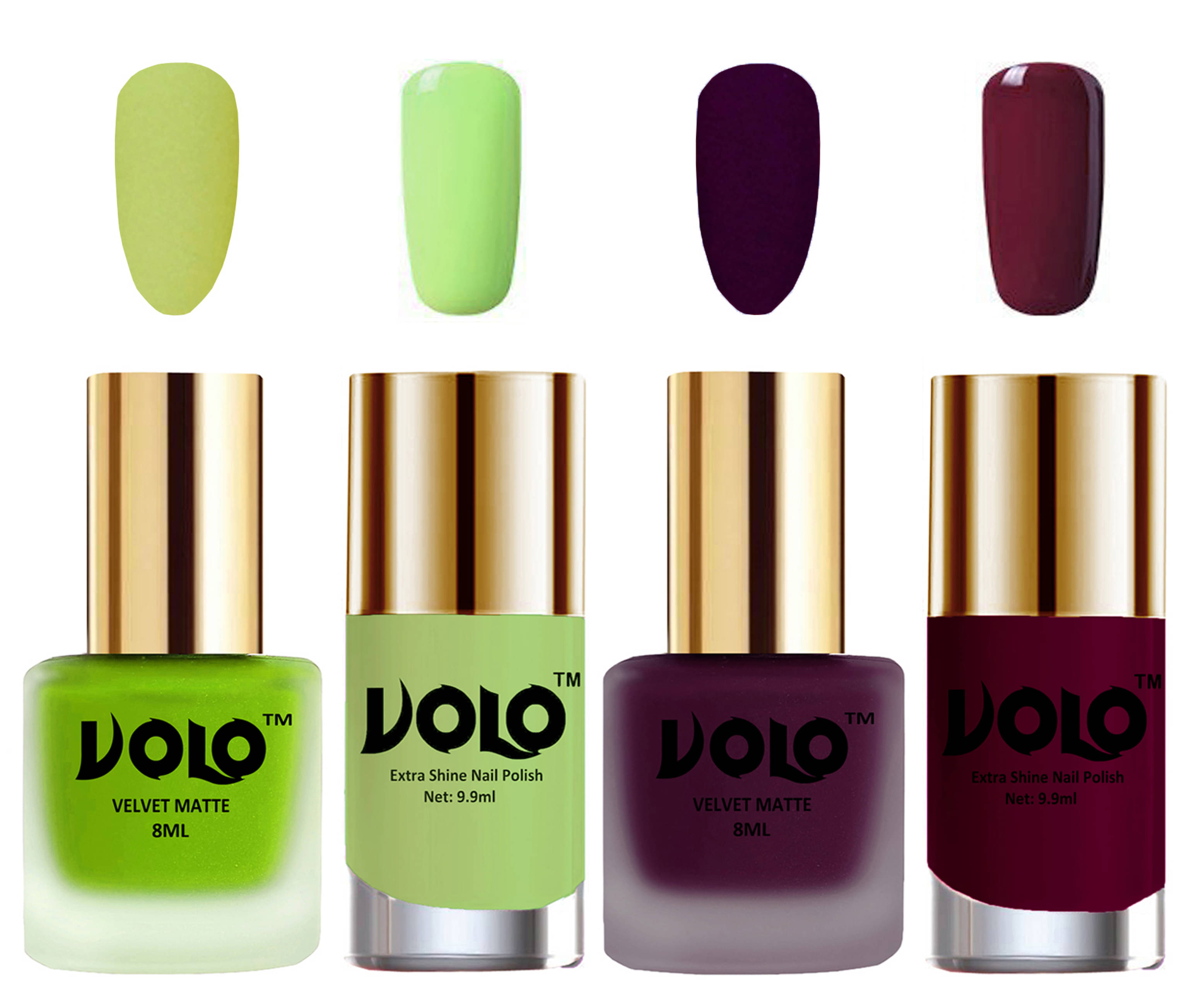 VOLO Extra Shine AND Dull Velvet Matte Nail Polish Green,Wine,Green, Wine Glossy Pack of 4 36 mL VOLO Extra Shine AND Dull Velvet Matte Nail Polish Green,Wine,Green, Wine Glossy Pack of 4 36 mL