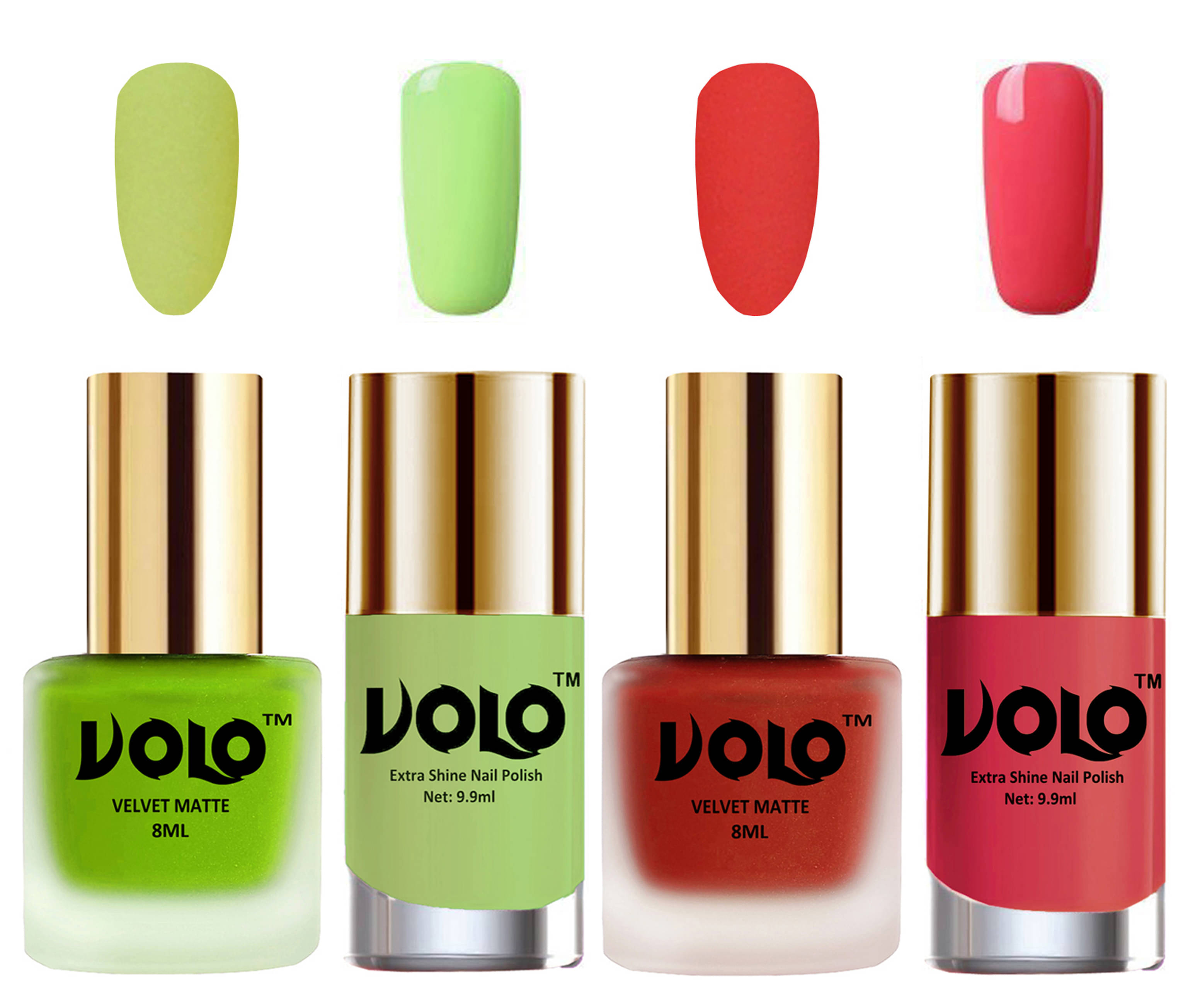     			VOLO Extra Shine AND Dull Velvet Matte Nail Polish Green,Coral,Green, Pink Matte Pack of 4 36 mL