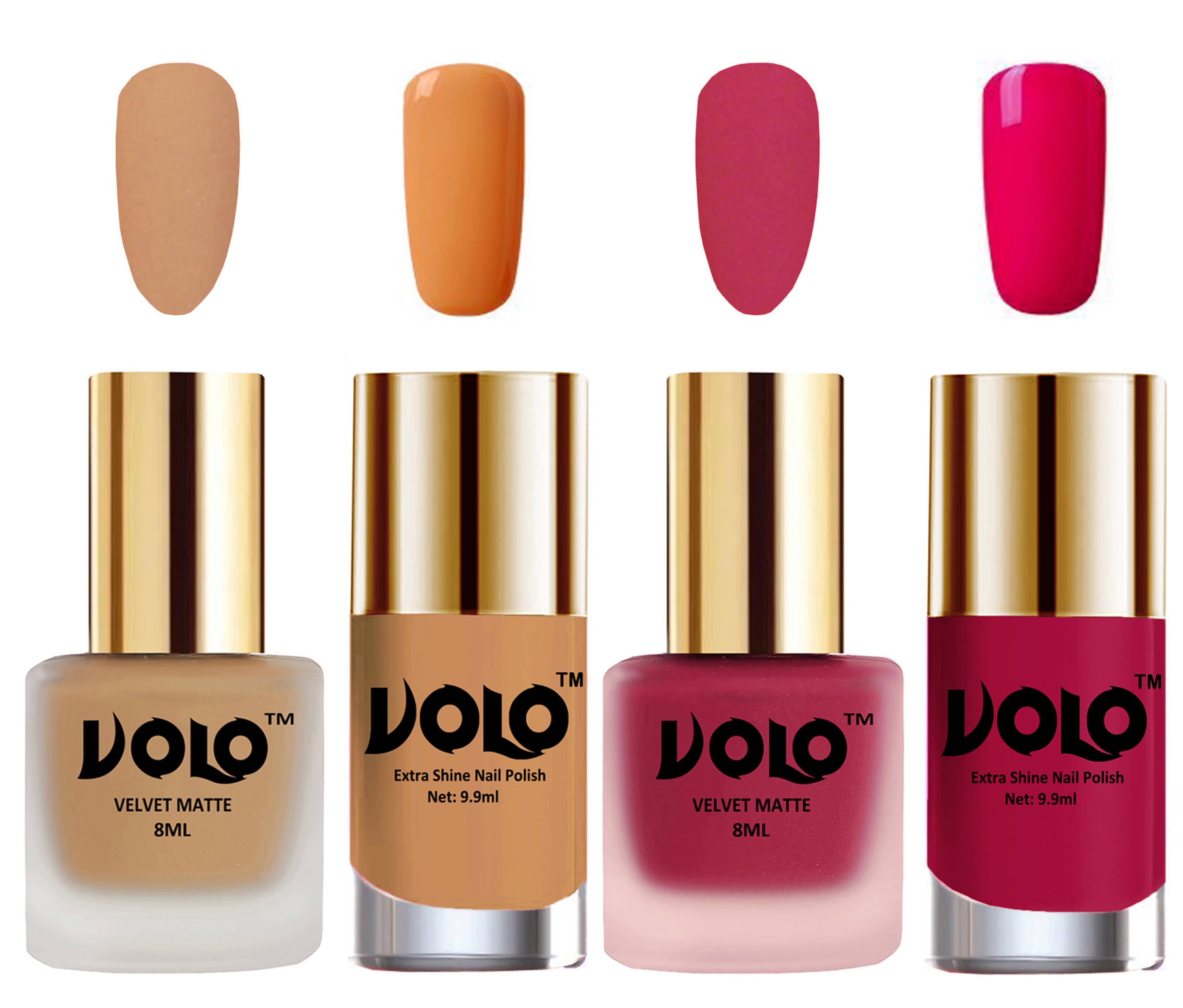 VOLO Extra Shine AND Dull Velvet Matte Nail Polish Nude,Pink,Nude, Magenta Glossy Pack of 4 36 mL VOLO Extra Shine AND Dull Velvet Matte Nail Polish Nude,Pink,Nude, Magenta Glossy Pack of 4 36 mL