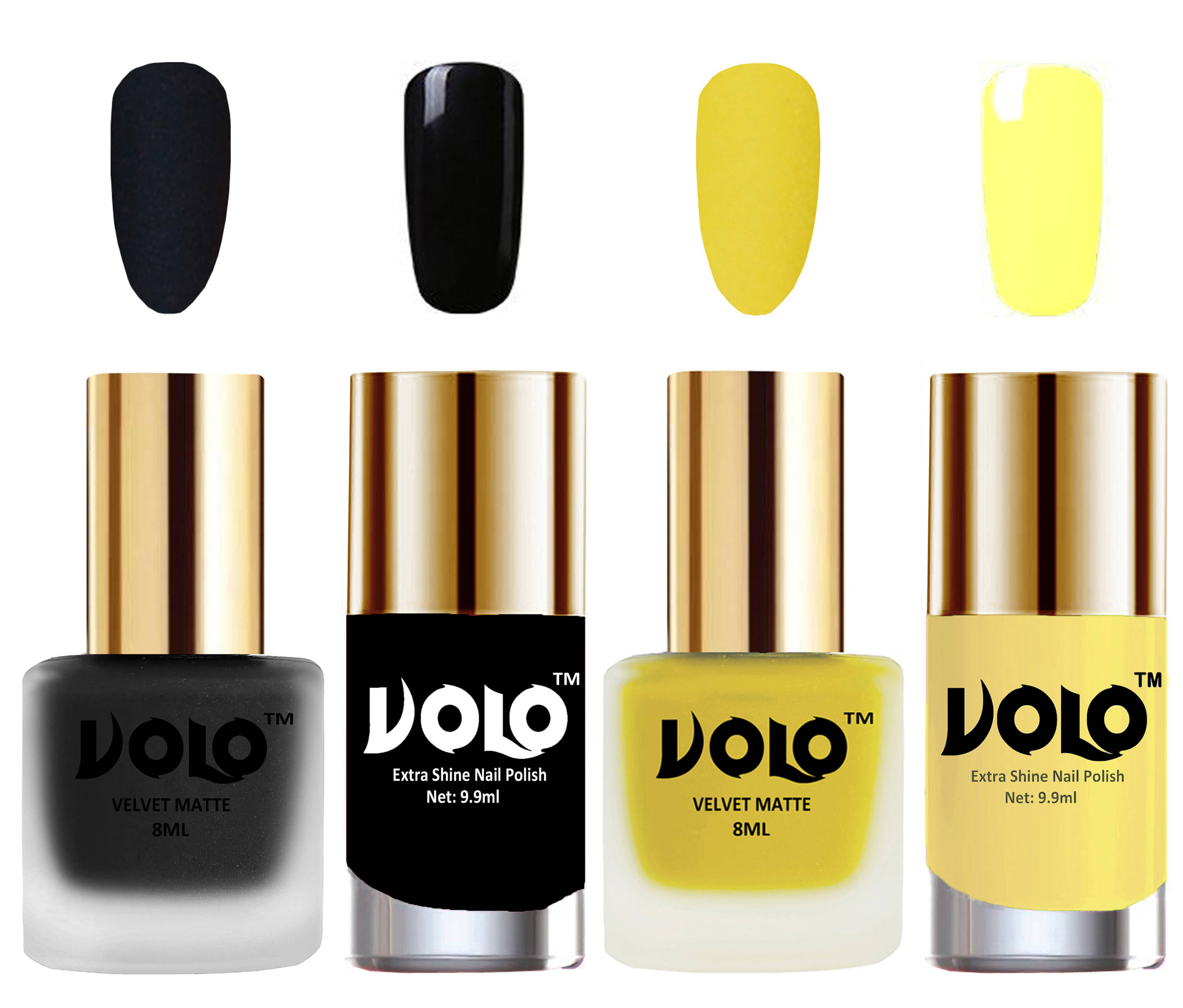 VOLO Extra Shine AND Dull Velvet Matte Nail Polish Black,Yellow,Black, Yellow Matte Pack of 4 36 mL VOLO Extra Shine AND Dull Velvet Matte Nail Polish Black,Yellow,Black, Yellow Matte Pack of 4 36 mL