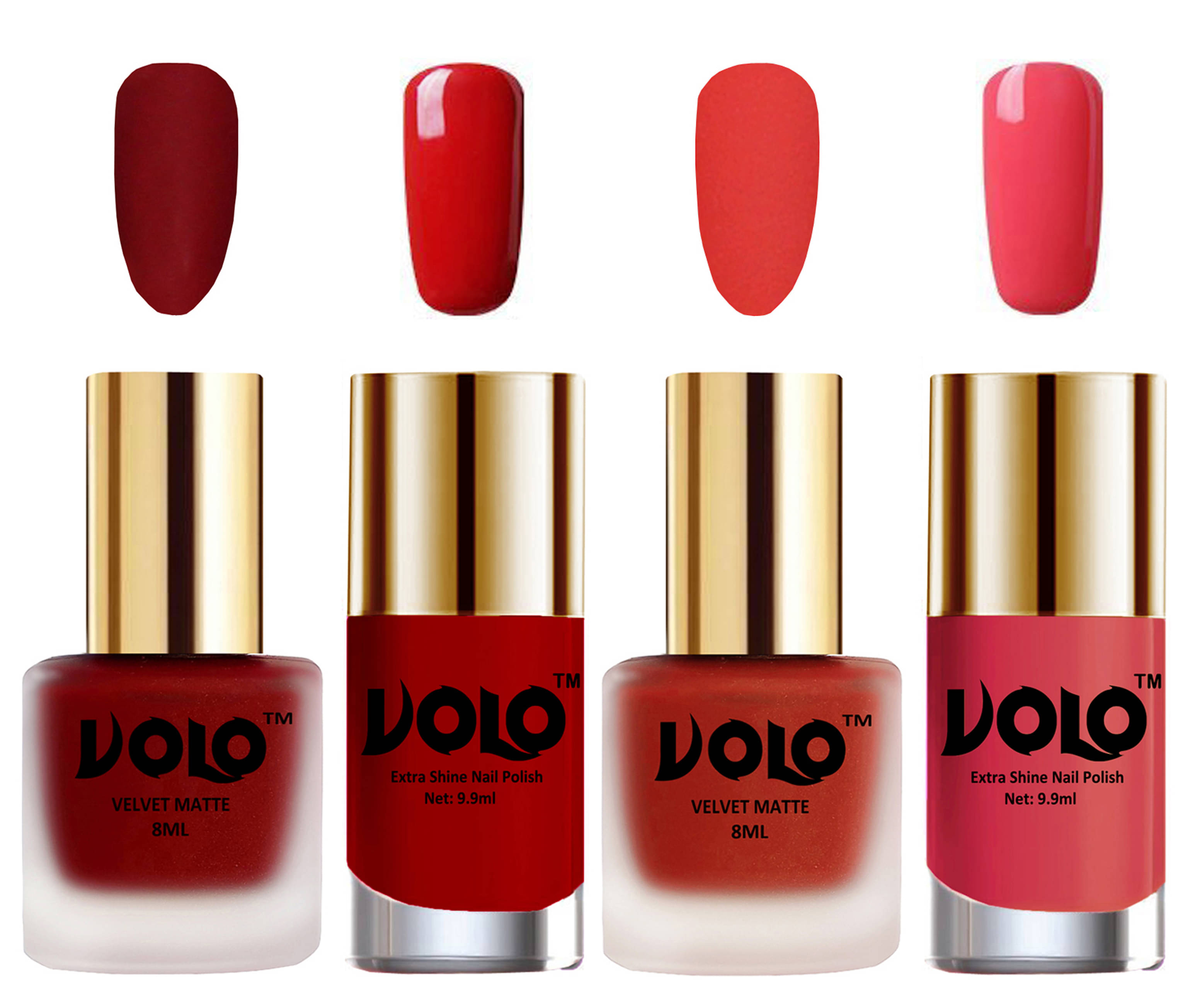 VOLO Extra Shine AND Dull Velvet Matte Nail Polish Red,Coral,Red, Pink Glossy Pack of 4 36 mL VOLO Extra Shine AND Dull Velvet Matte Nail Polish Red,Coral,Red, Pink Glossy Pack of 4 36 mL