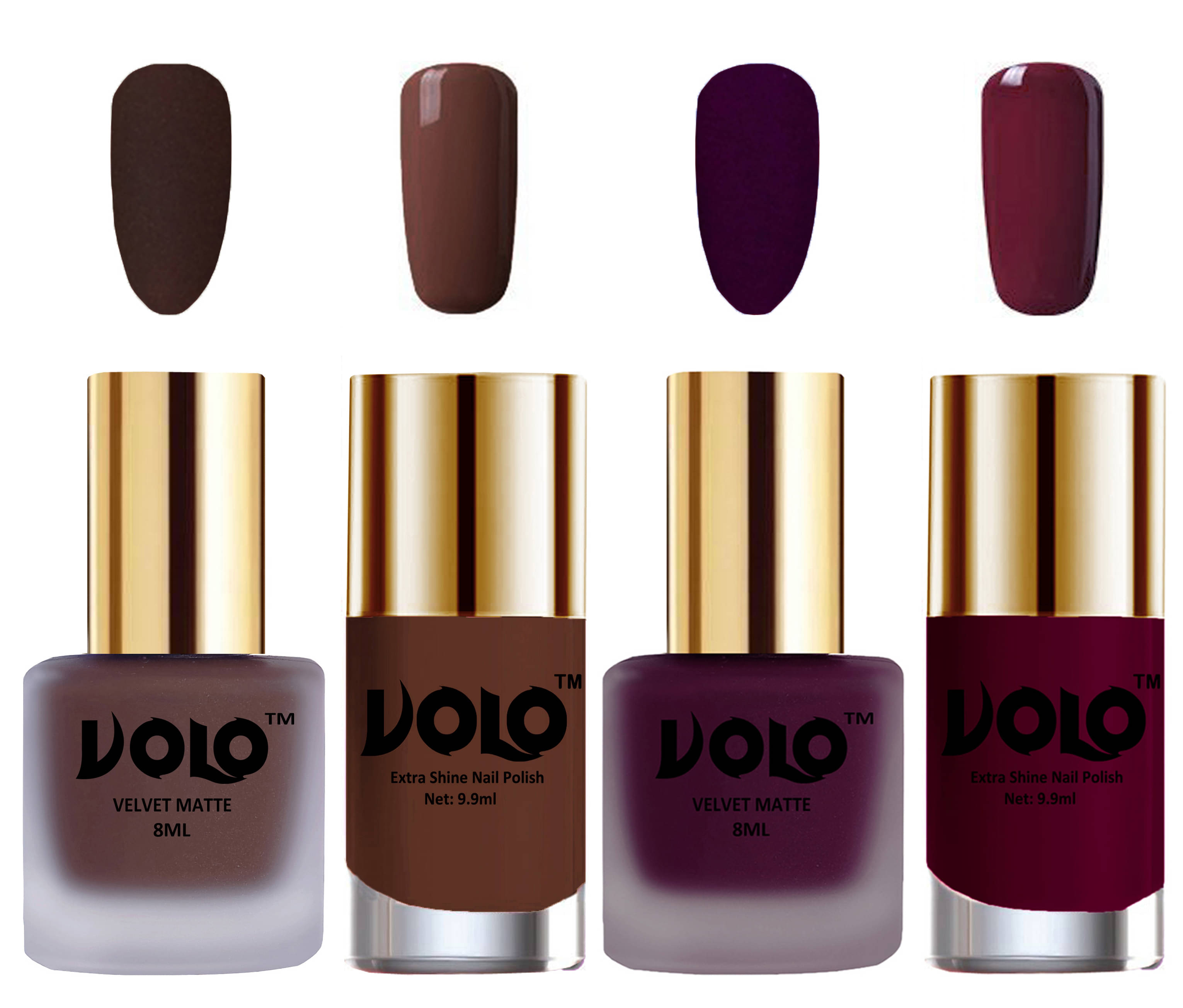VOLO Extra Shine AND Dull Velvet Matte Nail Polish Brown,Wine,Brown, Wine Glossy Pack of 4 36 mL VOLO Extra Shine AND Dull Velvet Matte Nail Polish Brown,Wine,Brown, Wine Glossy Pack of 4 36 mL