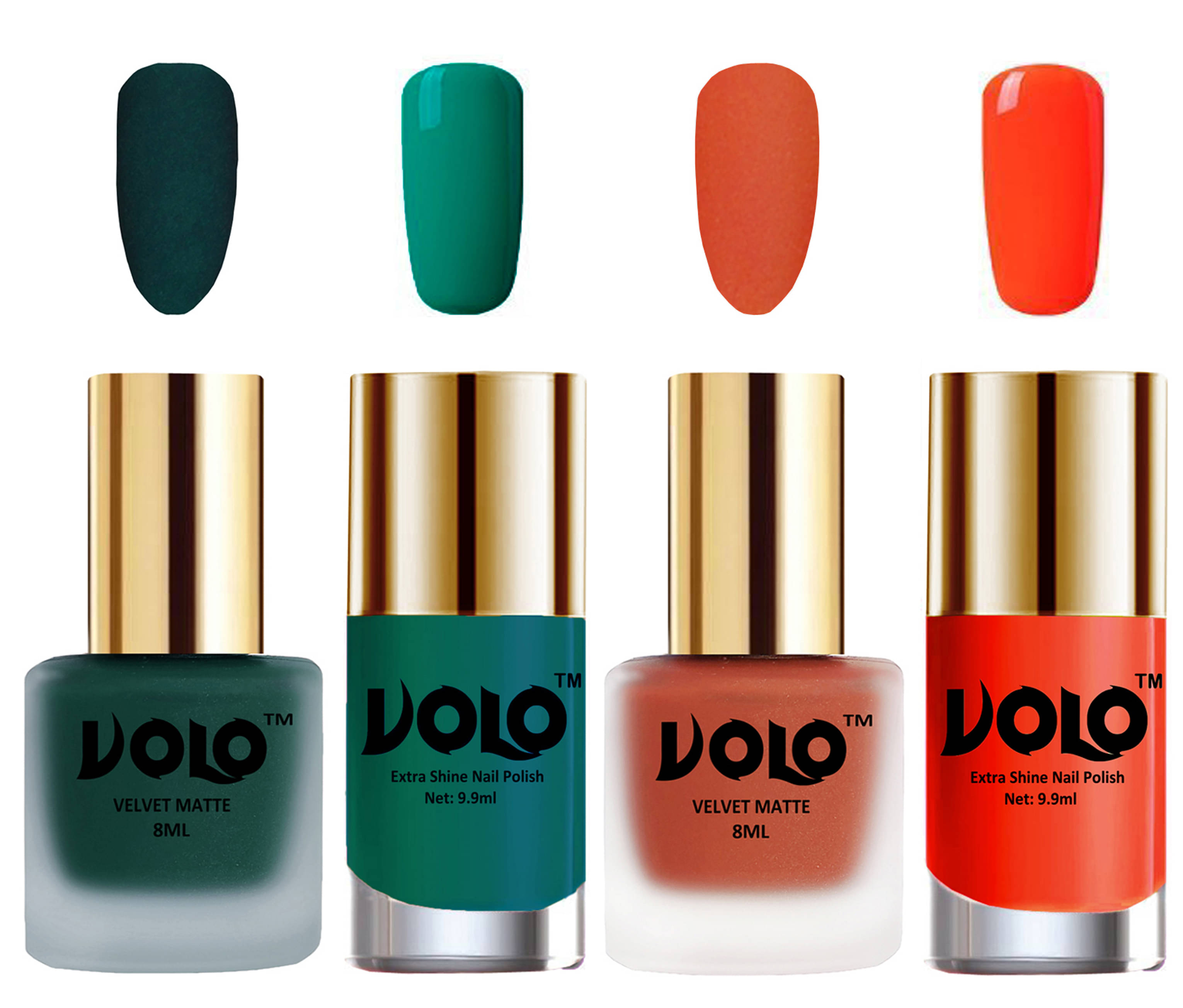 VOLO Extra Shine AND Dull Velvet Matte Nail Polish Green,Orange,Green, Coral Glossy Pack of 4 36 mL     			VOLO Extra Shine AND Dull Velvet Matte Nail Polish Green,Orange,Green, Coral Glossy Pack of 4 36 mL
