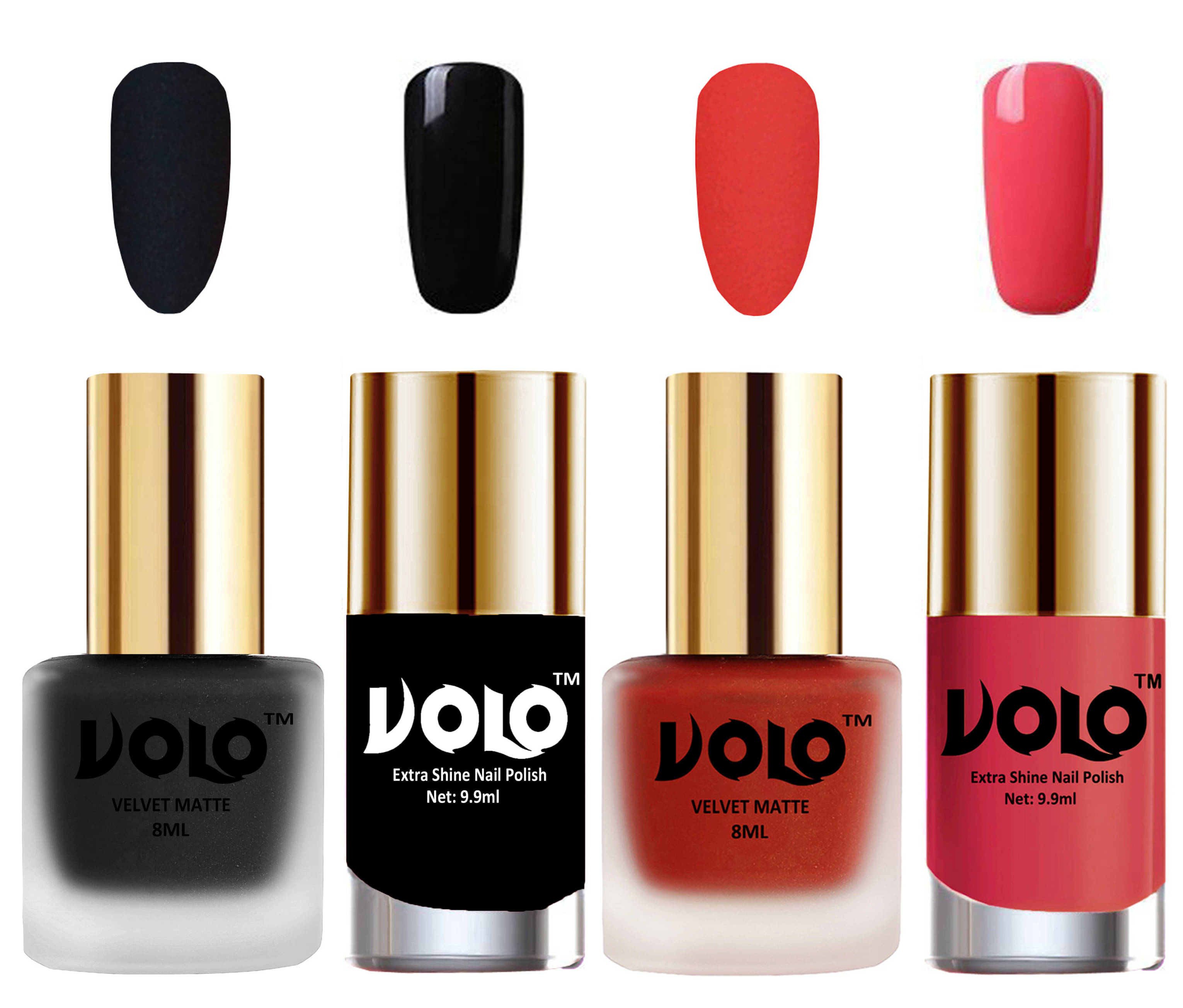 VOLO Extra Shine AND Dull Velvet Matte Nail Polish Black,Coral,Black, Pink Matte Pack of 4 36 mL VOLO Extra Shine AND Dull Velvet Matte Nail Polish Black,Coral,Black, Pink Matte Pack of 4 36 mL