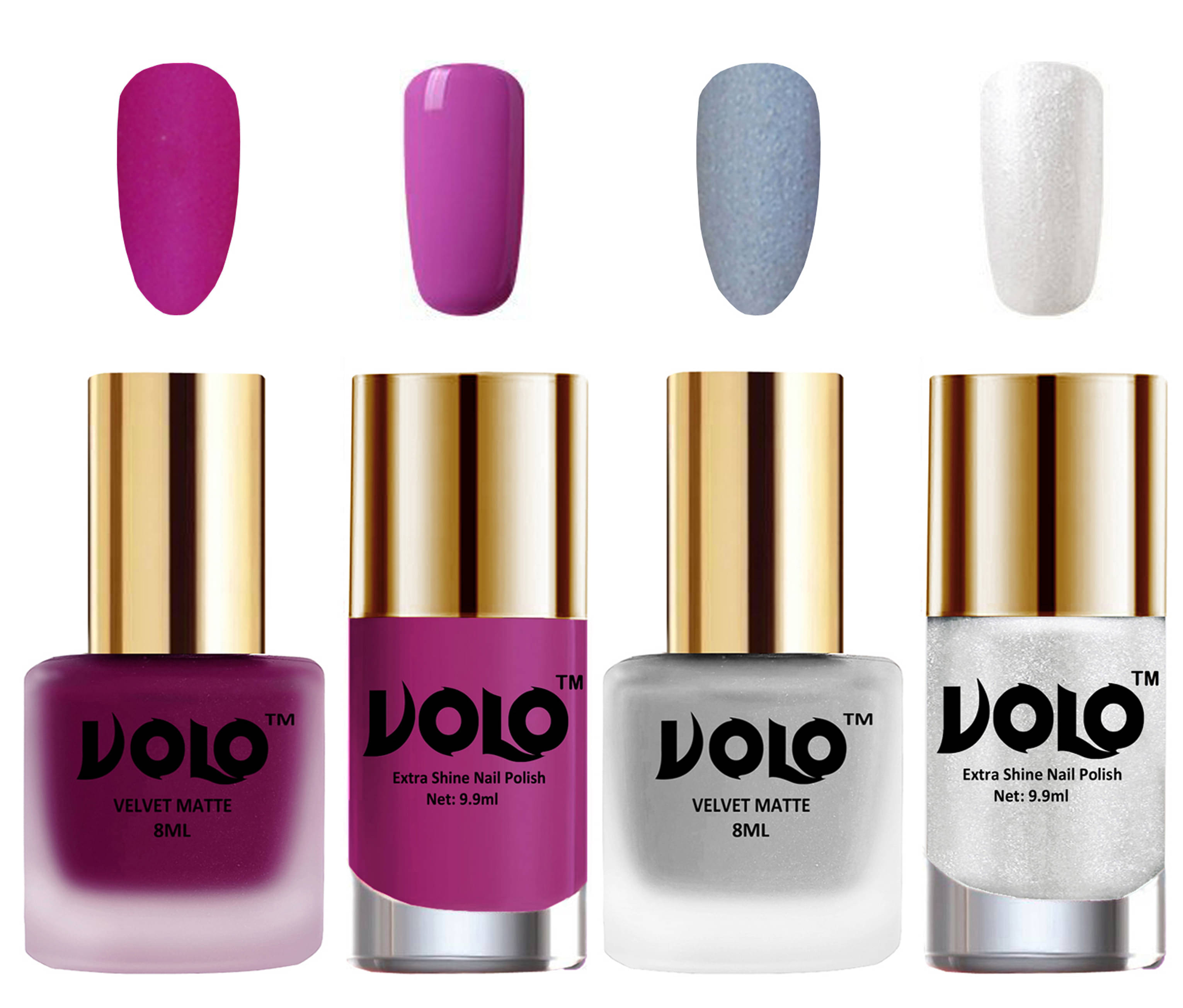 VOLO Extra Shine AND Dull Velvet Matte Nail Polish Magenta,Silver,Pink, Silver Glossy Pack of 4 36 mL VOLO Extra Shine AND Dull Velvet Matte Nail Polish Magenta,Silver,Pink, Silver Glossy Pack of 4 36 mL