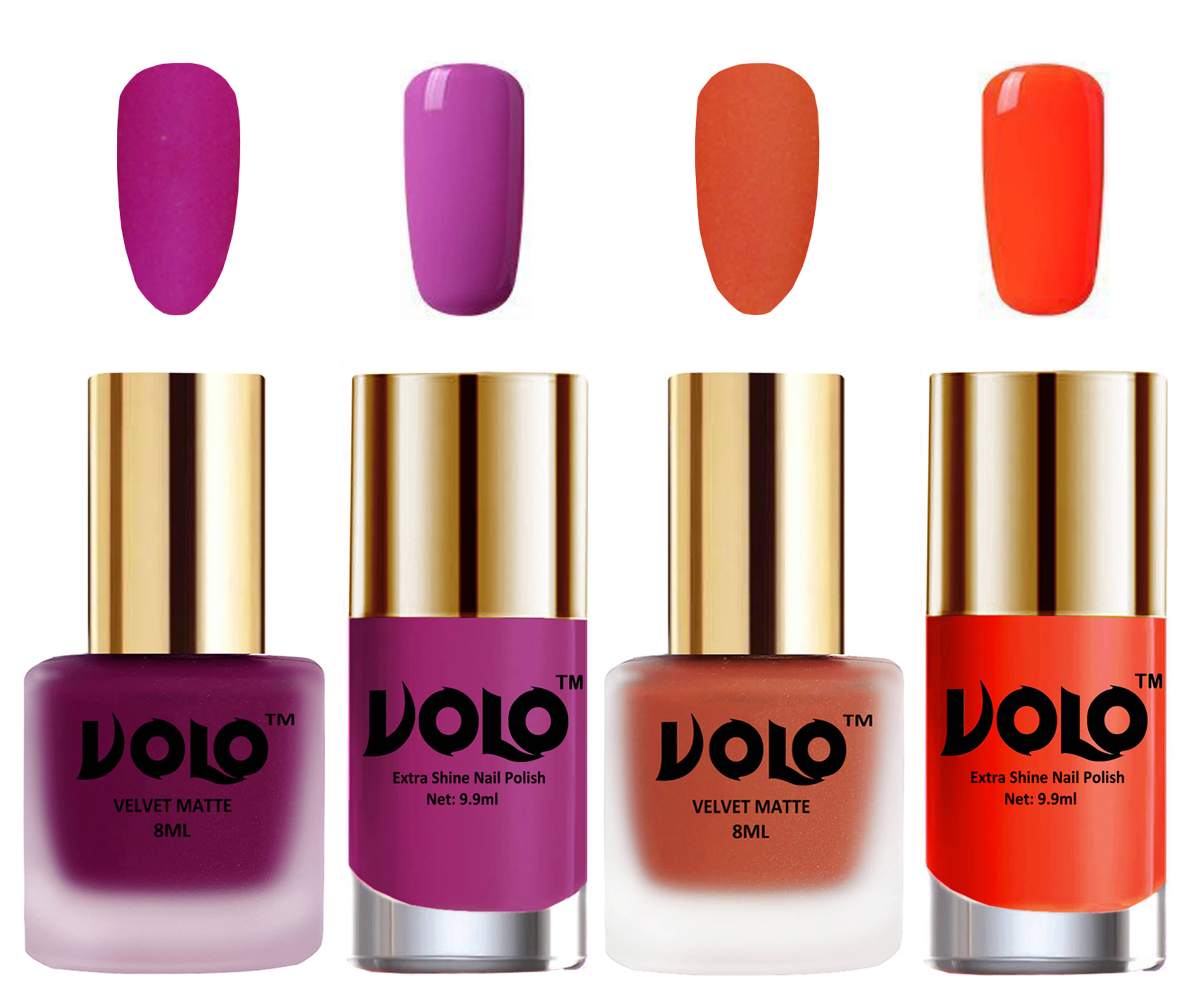 VOLO Extra Shine AND Dull Velvet Matte Nail Polish Magenta,Orange,Pink, Coral Glossy Pack of 4 36 mL VOLO Extra Shine AND Dull Velvet Matte Nail Polish Magenta,Orange,Pink, Coral Glossy Pack of 4 36 mL