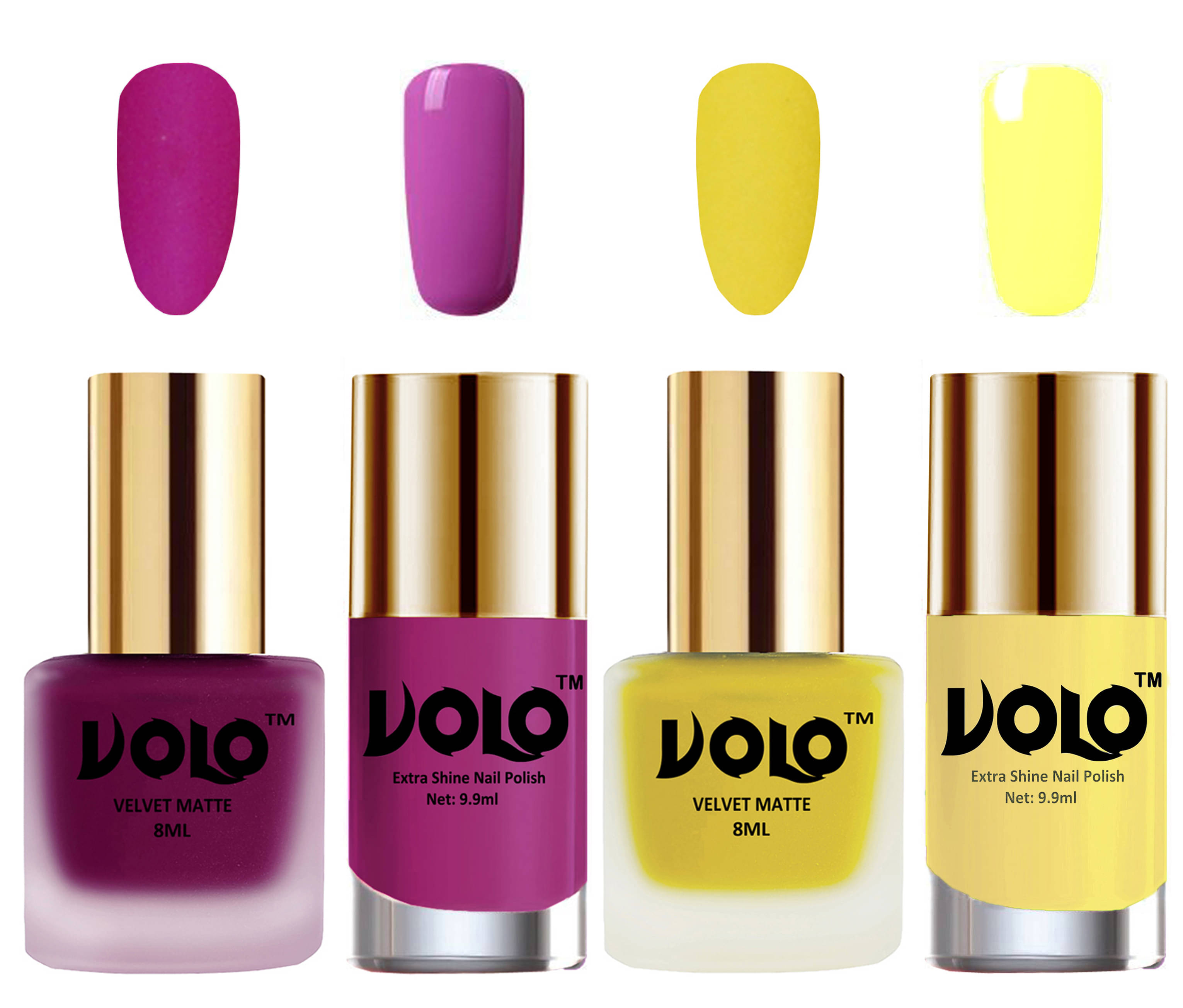     			VOLO Extra Shine AND Dull Velvet Matte Nail Polish Magenta,Yellow,Pink, Yellow Glossy Pack of 4 36 mL