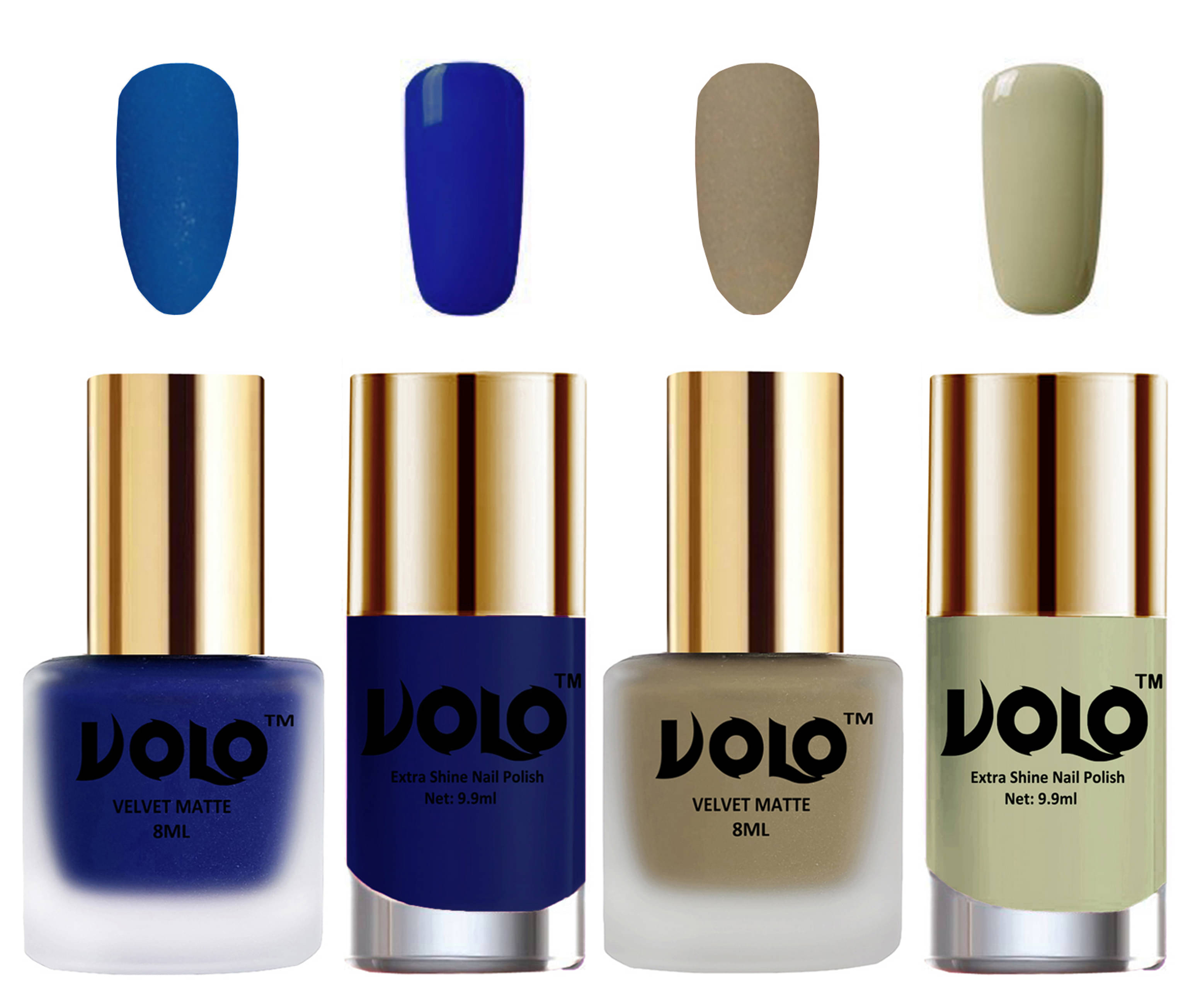 VOLO Extra Shine AND Dull Velvet Matte Nail Polish Blue,Nude,Blue, Grey Glossy Pack of 4 36 mL VOLO Extra Shine AND Dull Velvet Matte Nail Polish Blue,Nude,Blue, Grey Glossy Pack of 4 36 mL