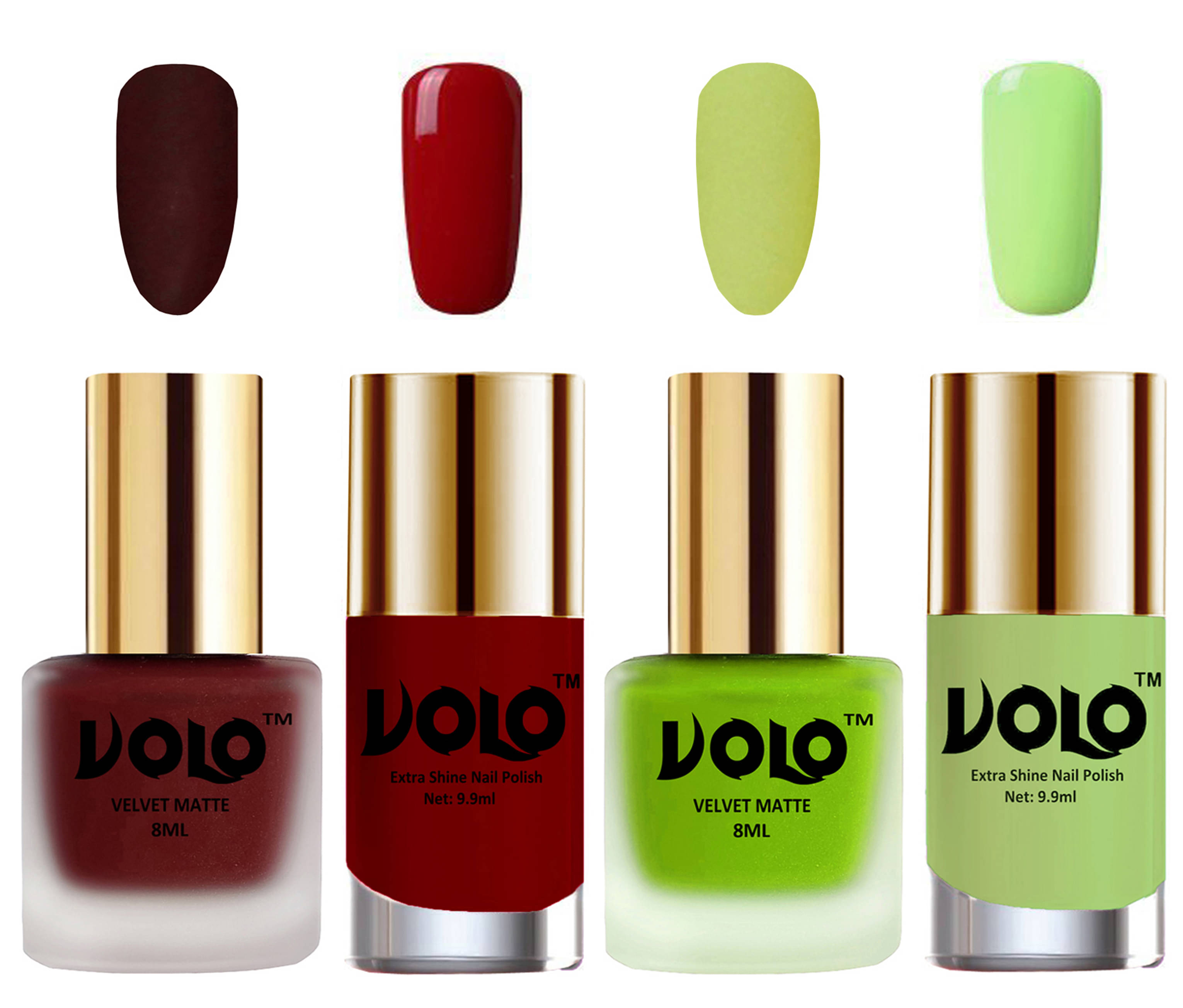 VOLO Extra Shine AND Dull Velvet Matte Nail Polish Maroon,Green,Red, Green Matte Pack of 4 36 mL VOLO Extra Shine AND Dull Velvet Matte Nail Polish Maroon,Green,Red, Green Matte Pack of 4 36 mL