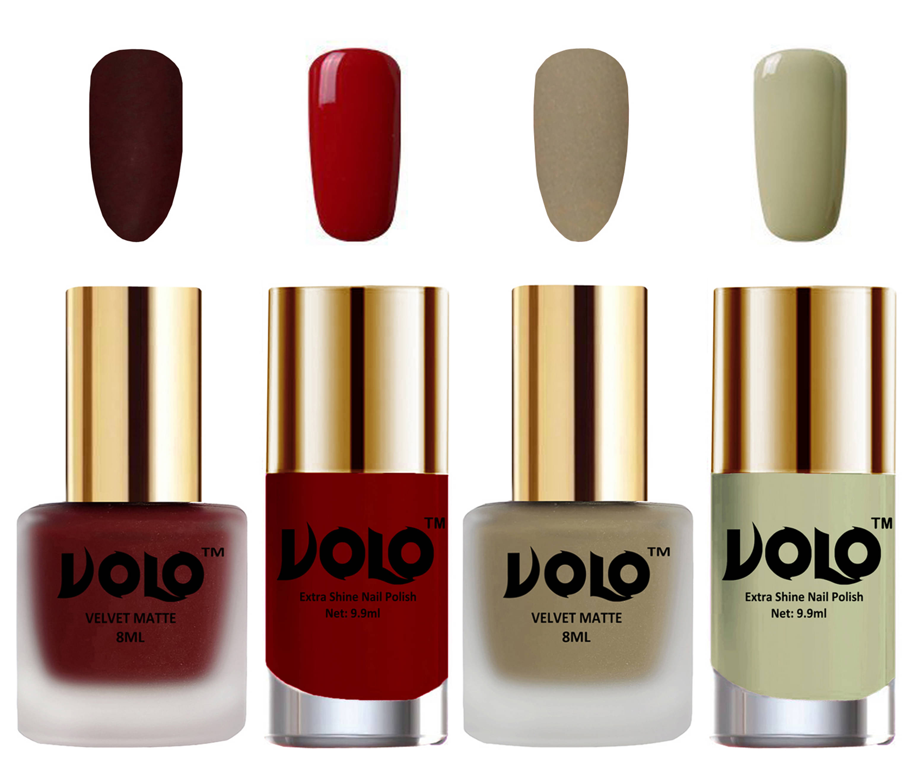 VOLO Extra Shine AND Dull Velvet Matte Nail Polish Maroon,Nude,Red, Grey Matte Pack of 4 36 mL     			VOLO Extra Shine AND Dull Velvet Matte Nail Polish Maroon,Nude,Red, Grey Matte Pack of 4 36 mL
