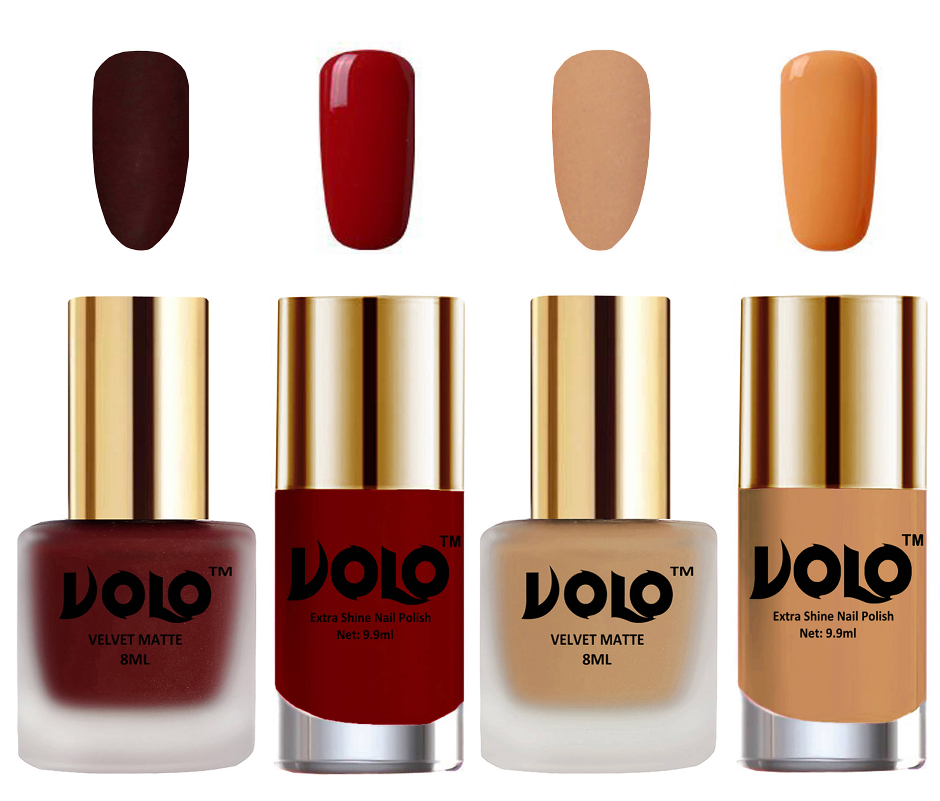 VOLO Extra Shine AND Dull Velvet Matte Nail Polish Maroon,Nude,Red, Nude Glossy Pack of 4 36 mL VOLO Extra Shine AND Dull Velvet Matte Nail Polish Maroon,Nude,Red, Nude Glossy Pack of 4 36 mL