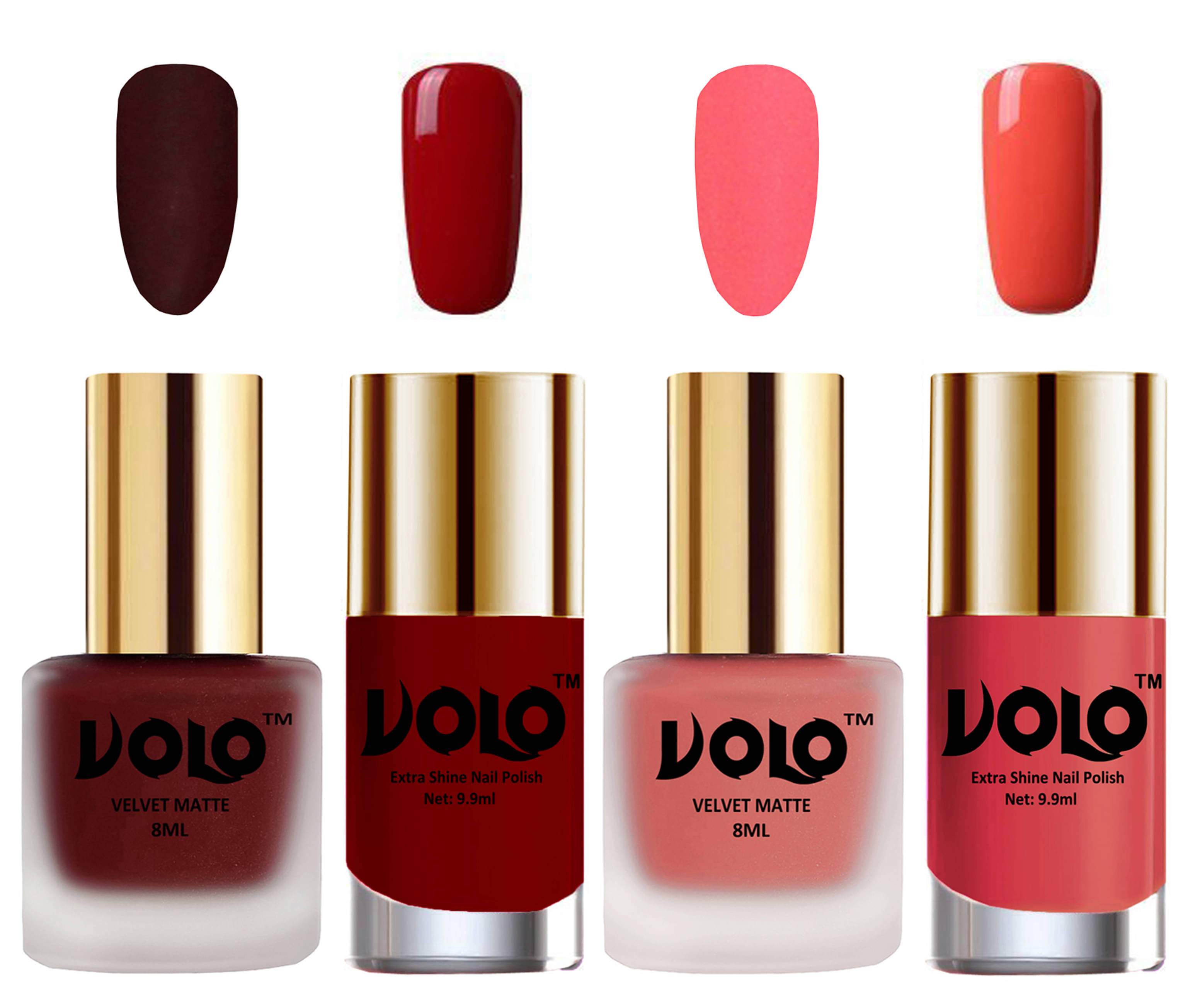 VOLO Extra Shine AND Dull Velvet Matte Nail Polish Maroon,Peach,Red, Coral Matte Pack of 4 36 mL VOLO Extra Shine AND Dull Velvet Matte Nail Polish Maroon,Peach,Red, Coral Matte Pack of 4 36 mL
