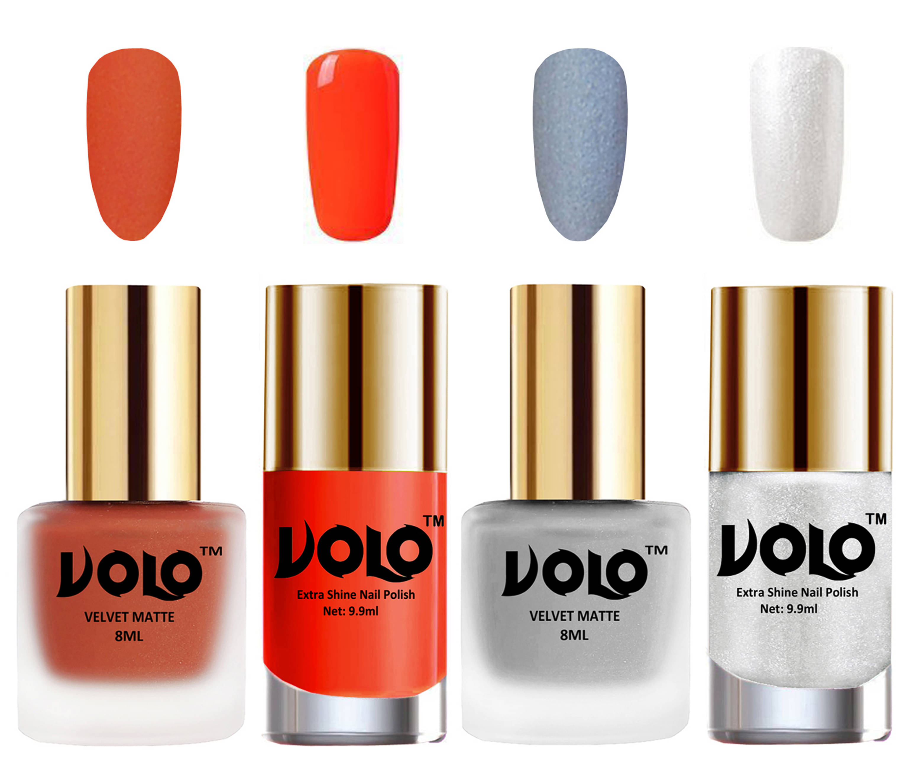 VOLO Extra Shine AND Dull Velvet Matte Nail Polish Orange,Silver,Coral, Silver Glossy Pack of 4 36 mL VOLO Extra Shine AND Dull Velvet Matte Nail Polish Orange,Silver,Coral, Silver Glossy Pack of 4 36 mL