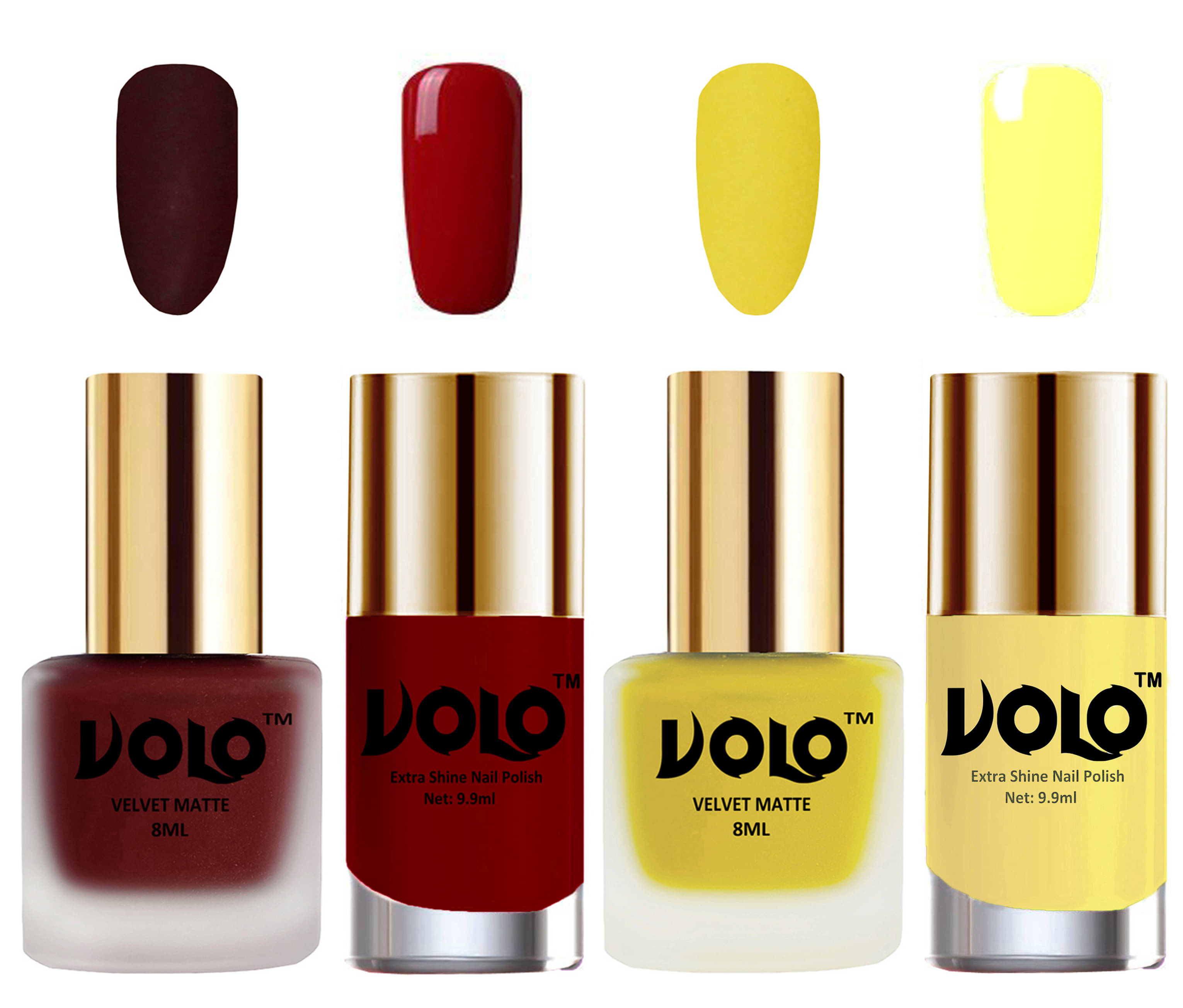     			VOLO Extra Shine AND Dull Velvet Matte Nail Polish Maroon,Yellow,Red, Yellow Glossy Pack of 4 36 mL