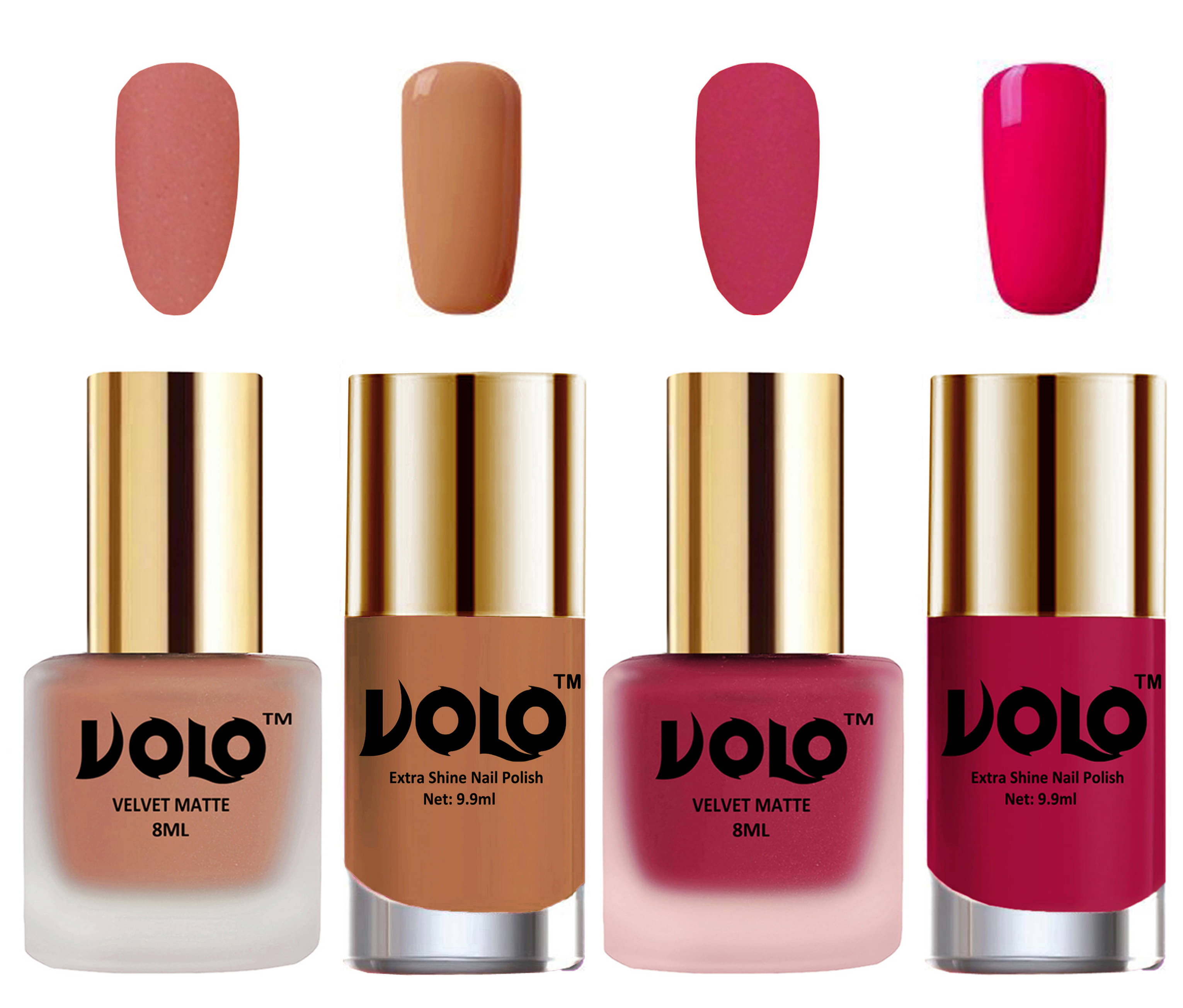     			VOLO Extra Shine AND Dull Velvet Matte Nail Polish Peach,Pink,Nude, Magenta Glossy Pack of 4 36 mL
