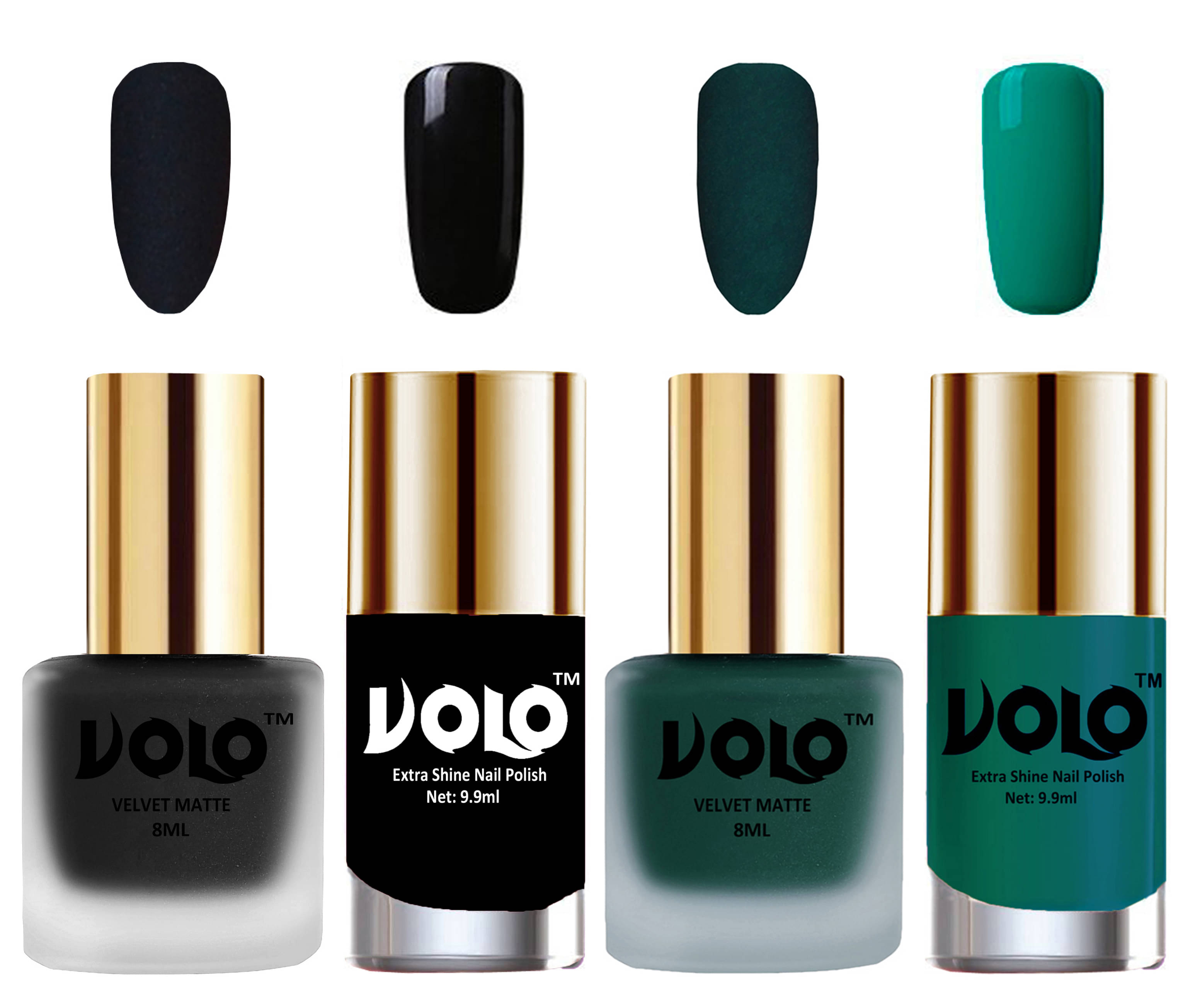 VOLO Extra Shine AND Dull Velvet Matte Nail Polish Black,Green,Black, Green Matte Pack of 4 36 mL VOLO Extra Shine AND Dull Velvet Matte Nail Polish Black,Green,Black, Green Matte Pack of 4 36 mL