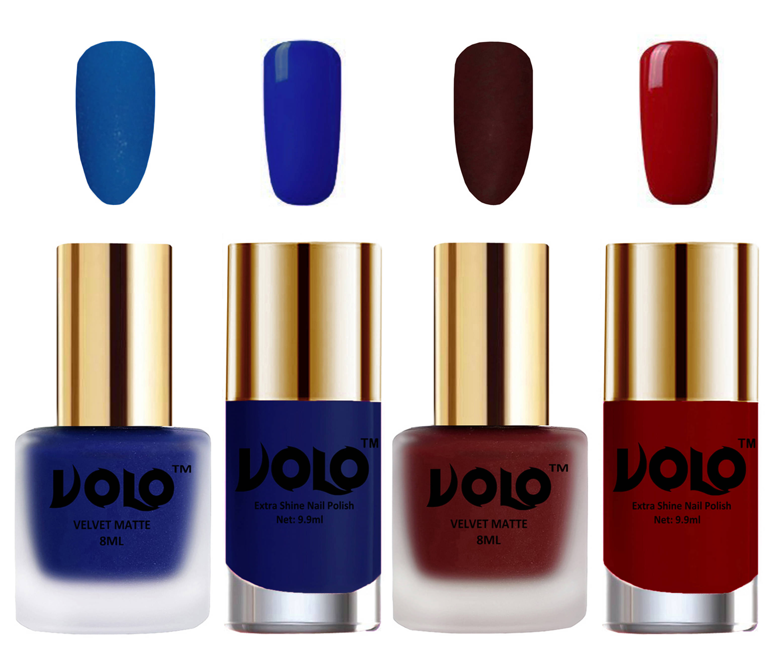 VOLO Extra Shine AND Dull Velvet Matte Nail Polish Blue,Maroon,Blue, Red Glossy Pack of 4 36 mL VOLO Extra Shine AND Dull Velvet Matte Nail Polish Blue,Maroon,Blue, Red Glossy Pack of 4 36 mL