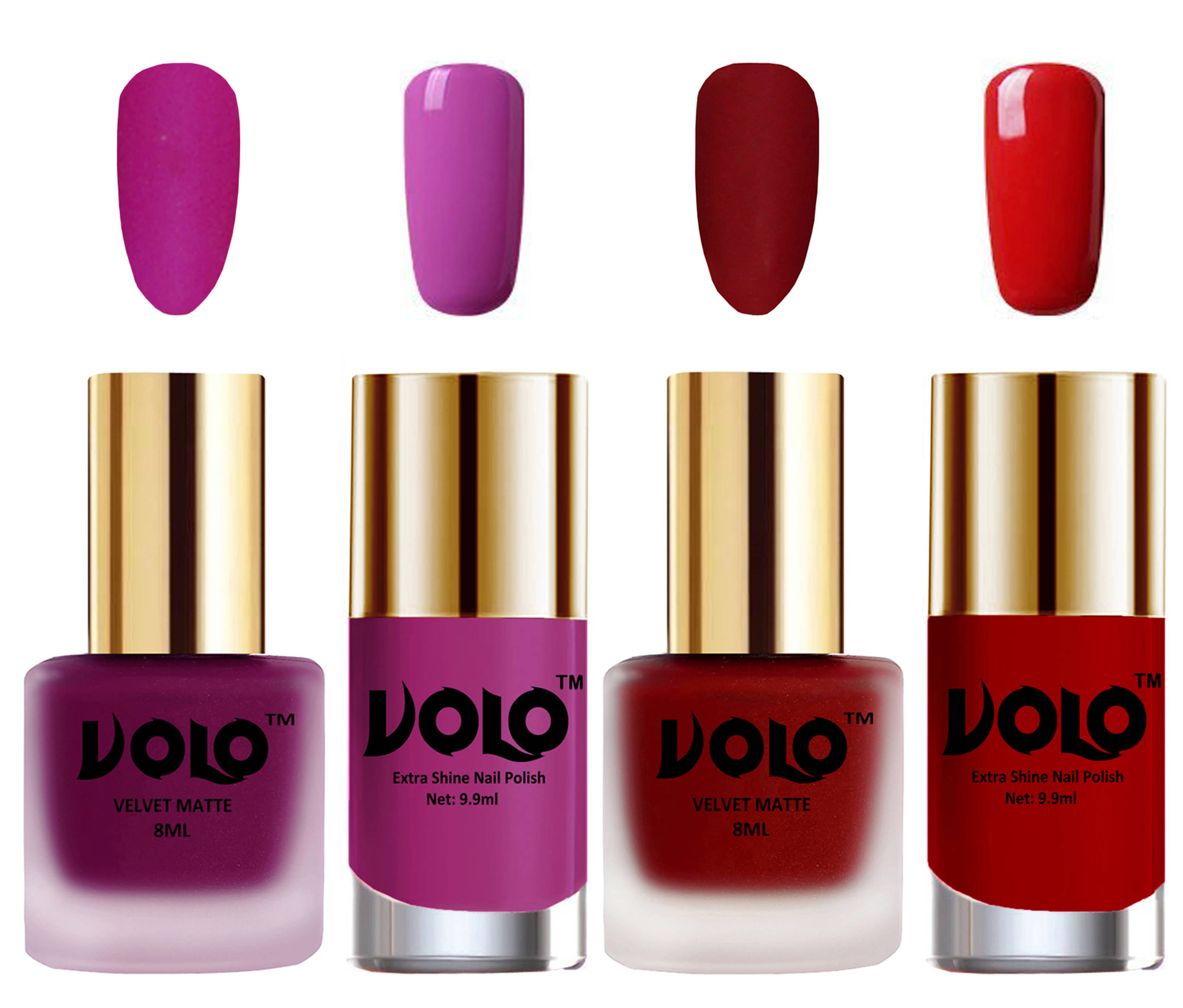VOLO Extra Shine AND Dull Velvet Matte Nail Polish Magenta,Red,Pink, Red Glossy Pack of 4 36 mL VOLO Extra Shine AND Dull Velvet Matte Nail Polish Magenta,Red,Pink, Red Glossy Pack of 4 36 mL