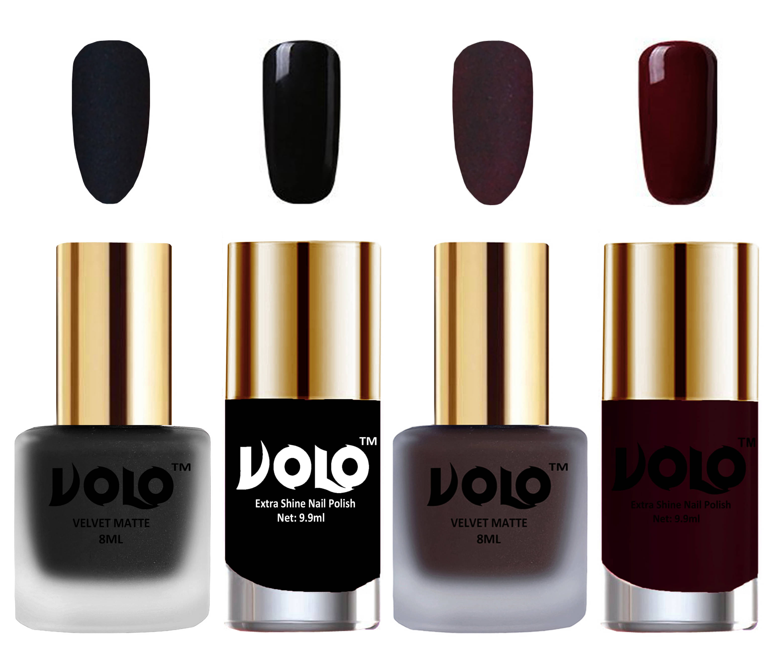     			VOLO Extra Shine AND Dull Velvet Matte Nail Polish Black,Coffee,Black, Maroon Glossy Pack of 4 36 mL
