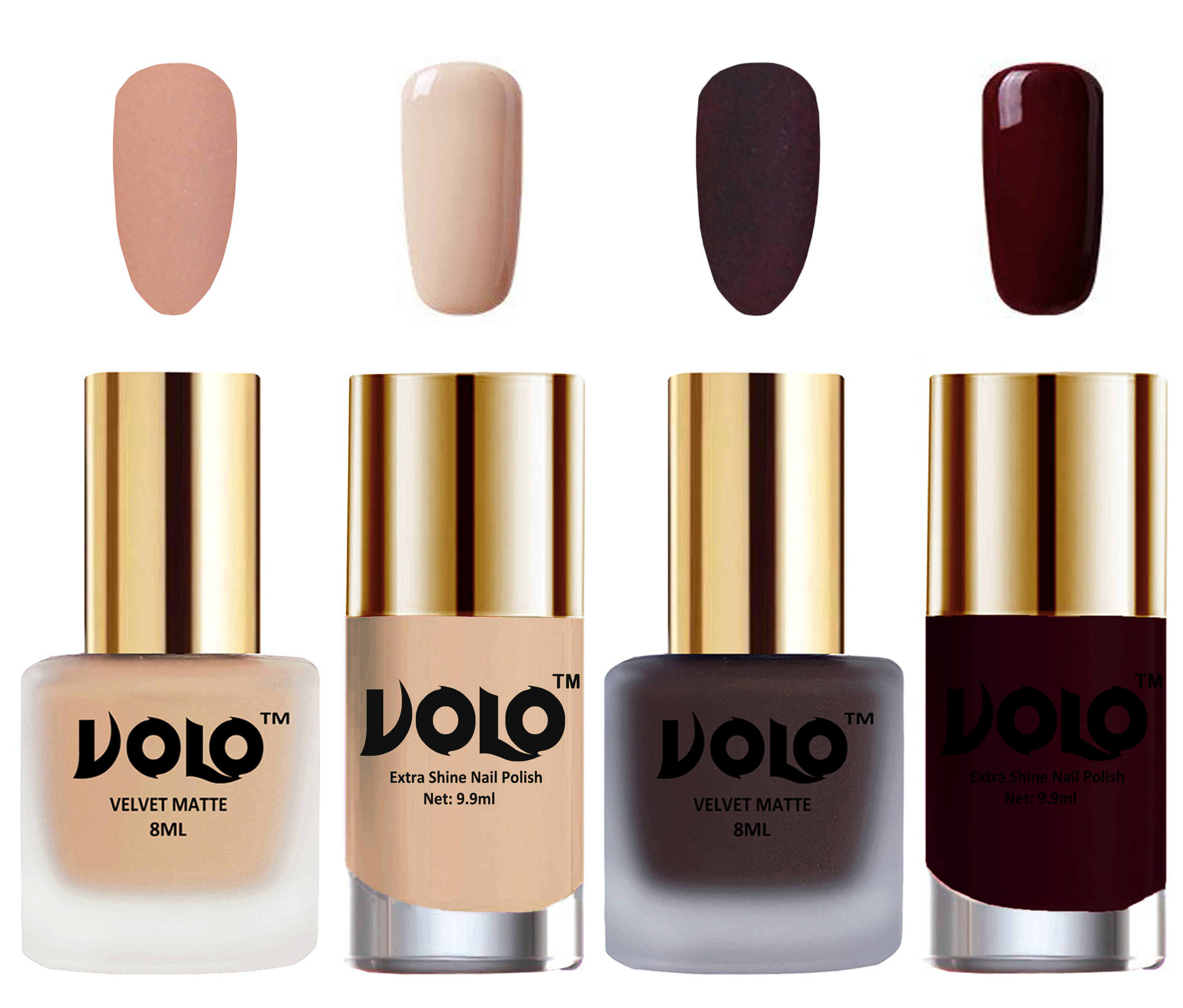 VOLO Extra Shine AND Dull Velvet Matte Nail Polish Nude,Coffee,Nude, Maroon Glossy Pack of 4 36 mL VOLO Extra Shine AND Dull Velvet Matte Nail Polish Nude,Coffee,Nude, Maroon Glossy Pack of 4 36 mL