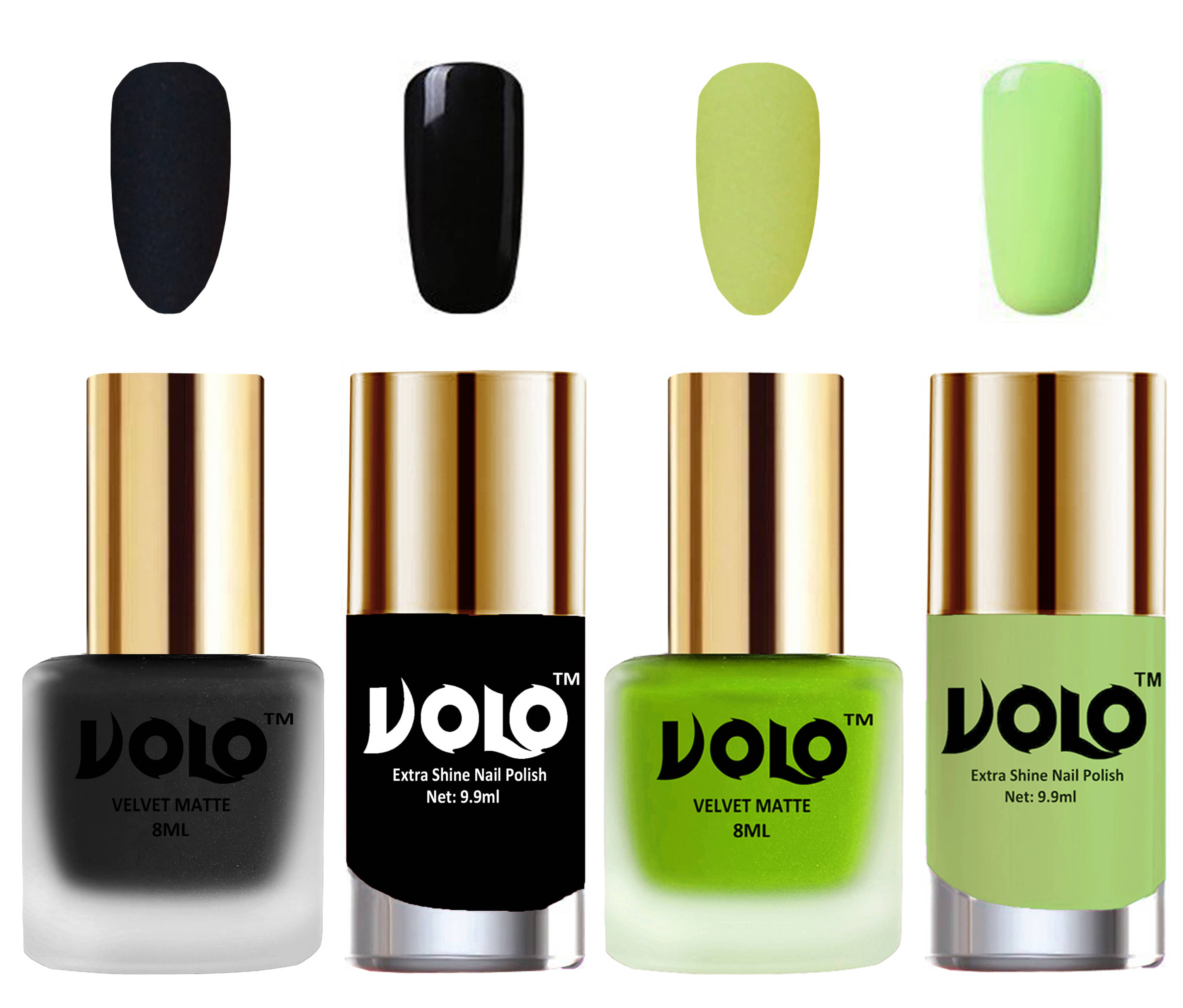 VOLO Extra Shine AND Dull Velvet Matte Nail Polish Black,Green,Black, Green Glossy Pack of 4 36 mL VOLO Extra Shine AND Dull Velvet Matte Nail Polish Black,Green,Black, Green Glossy Pack of 4 36 mL